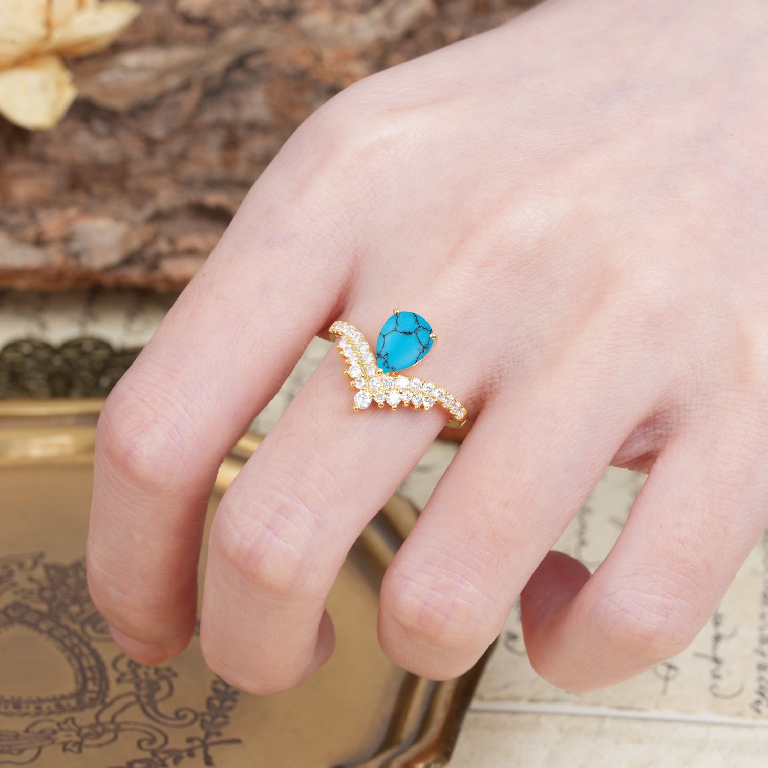 Unique Crown Three-Prong Pear Cut Turquoise Engagement Ring