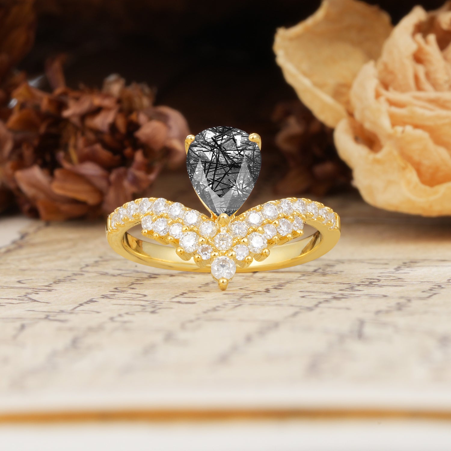 Unique Crown Three-Prong Pear Cut Black Rutilated Quartz Engagement Ring