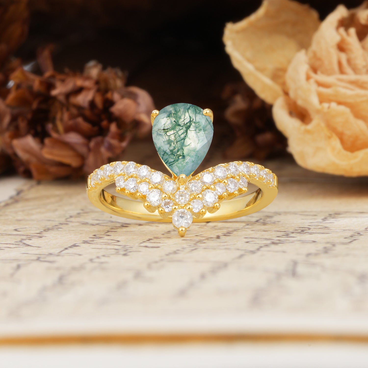 Unique Crown Three-Prong Pear Cut Moss Agate Engagement Ring