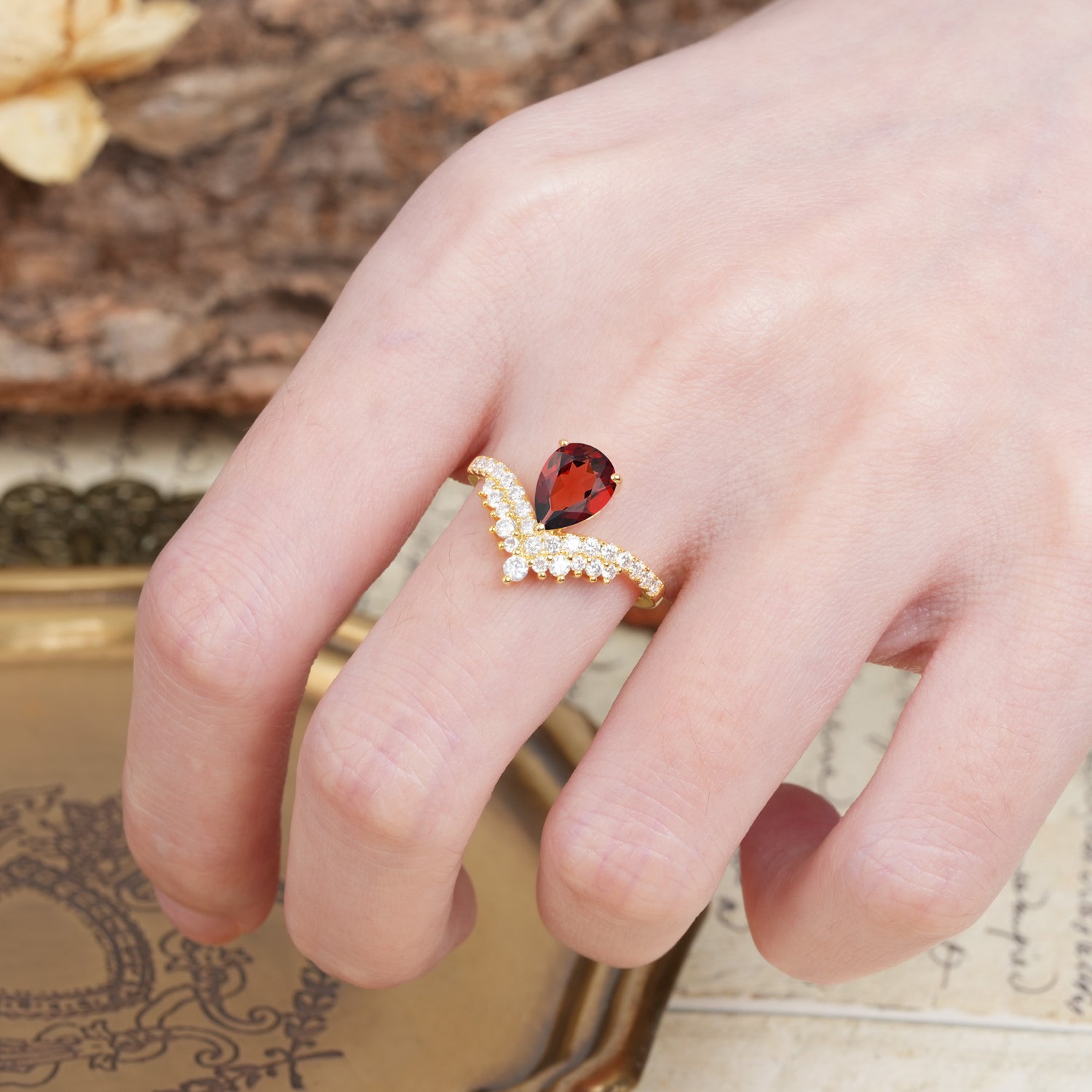 Unique Crown Three-Prong Pear Cut Garnet Engagement Ring