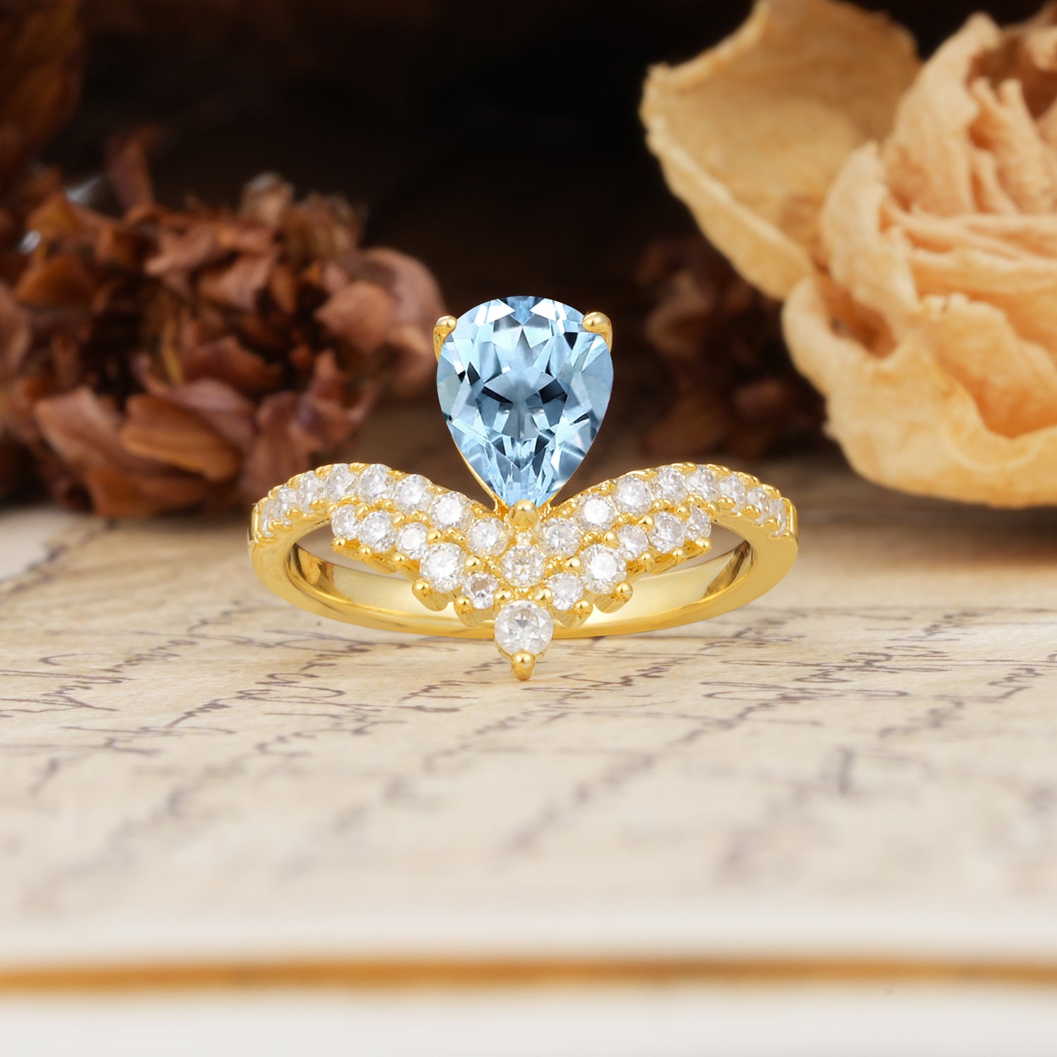 Unique Crown Three-Prong Pear Cut Aquamarine Engagement Ring
