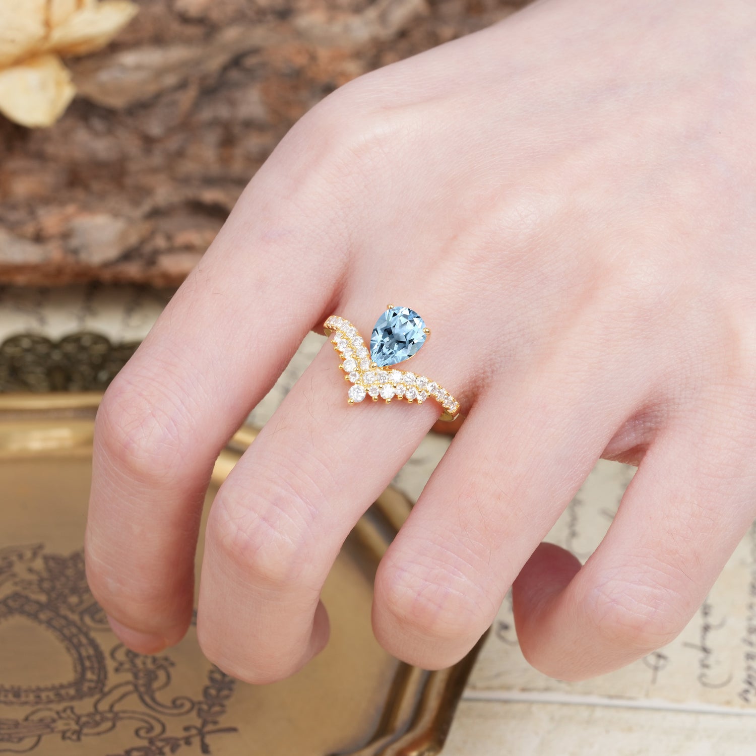 Unique Crown Three-Prong Pear Cut Aquamarine Engagement Ring