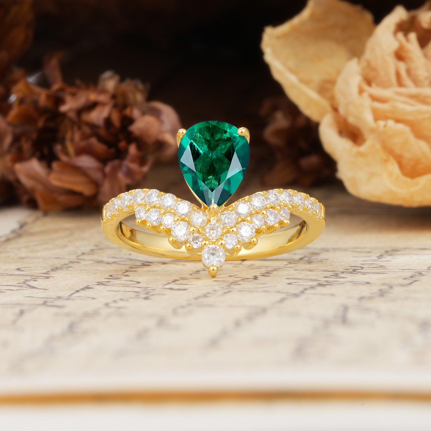 Unique Crown Three-Prong Pear Cut Emerald Engagement Ring