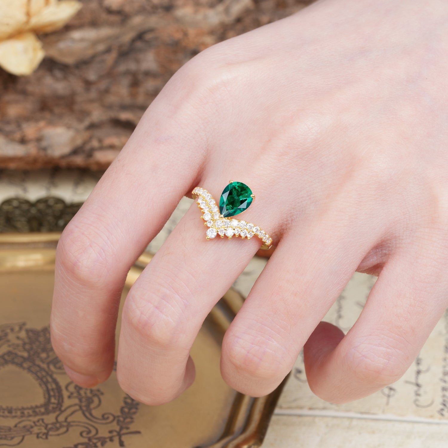 Unique Crown Three-Prong Pear Cut Emerald Engagement Ring