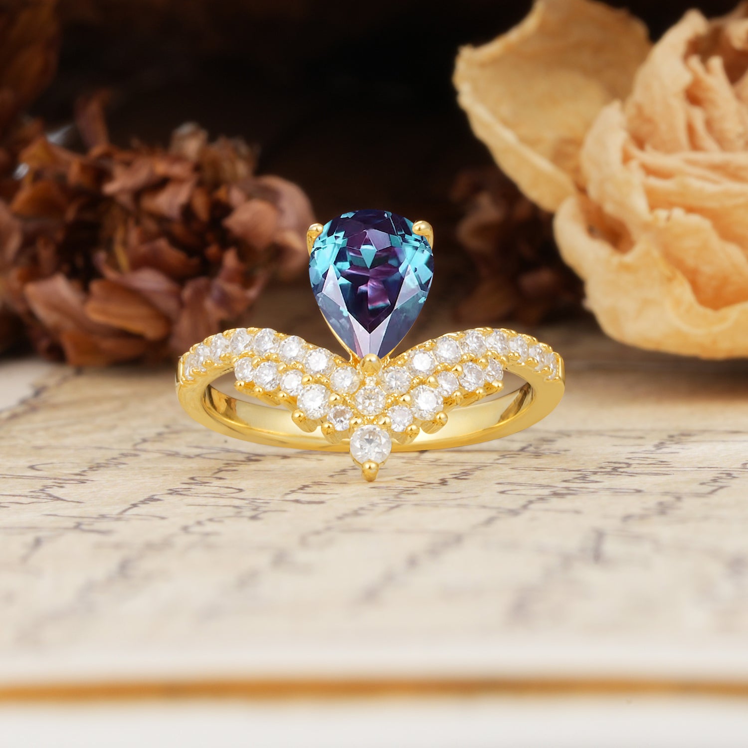 Unique Crown Three-Prong Pear Cut Alexandrite Engagement Ring