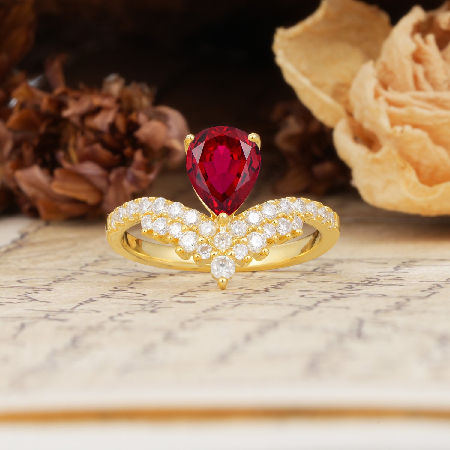 Unique Crown Three-Prong Pear Cut Ruby Engagement Ring