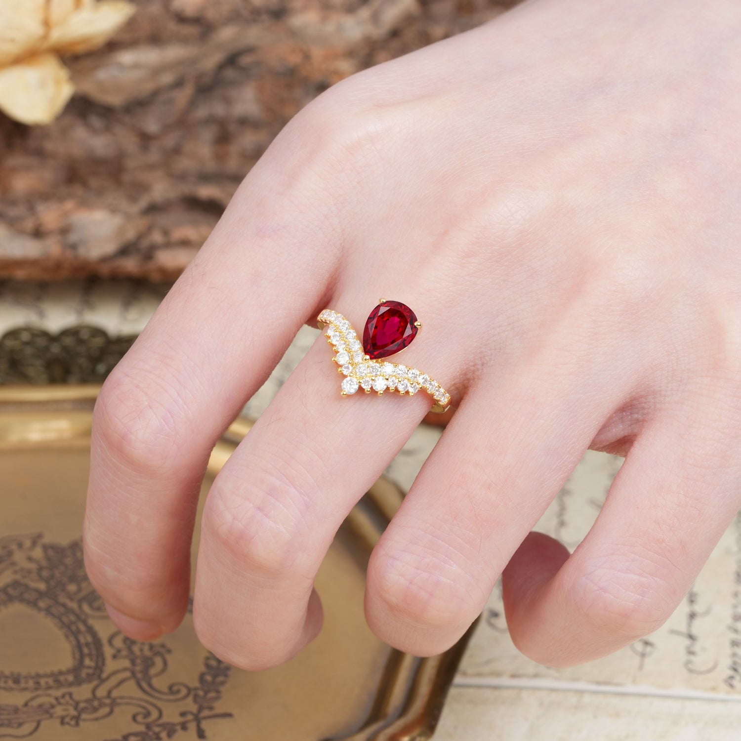 Unique Crown Three-Prong Pear Cut Ruby Engagement Ring
