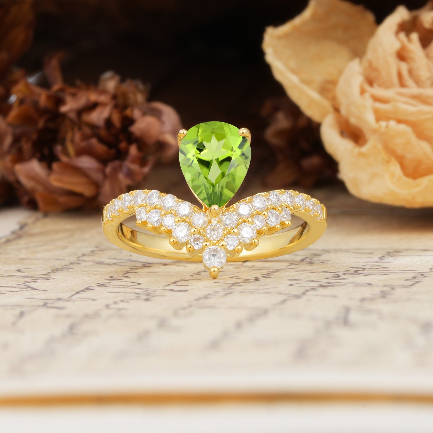 Unique Crown Three-Prong Pear Cut Peridot Engagement Ring