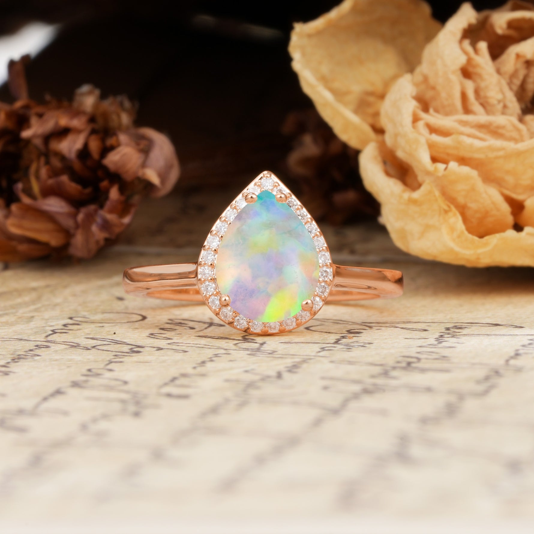 Luxurious Vintage-Style Pavé-Set, 4-Prong Pear Cut Fire Opal Engagement Ring - Additional view
