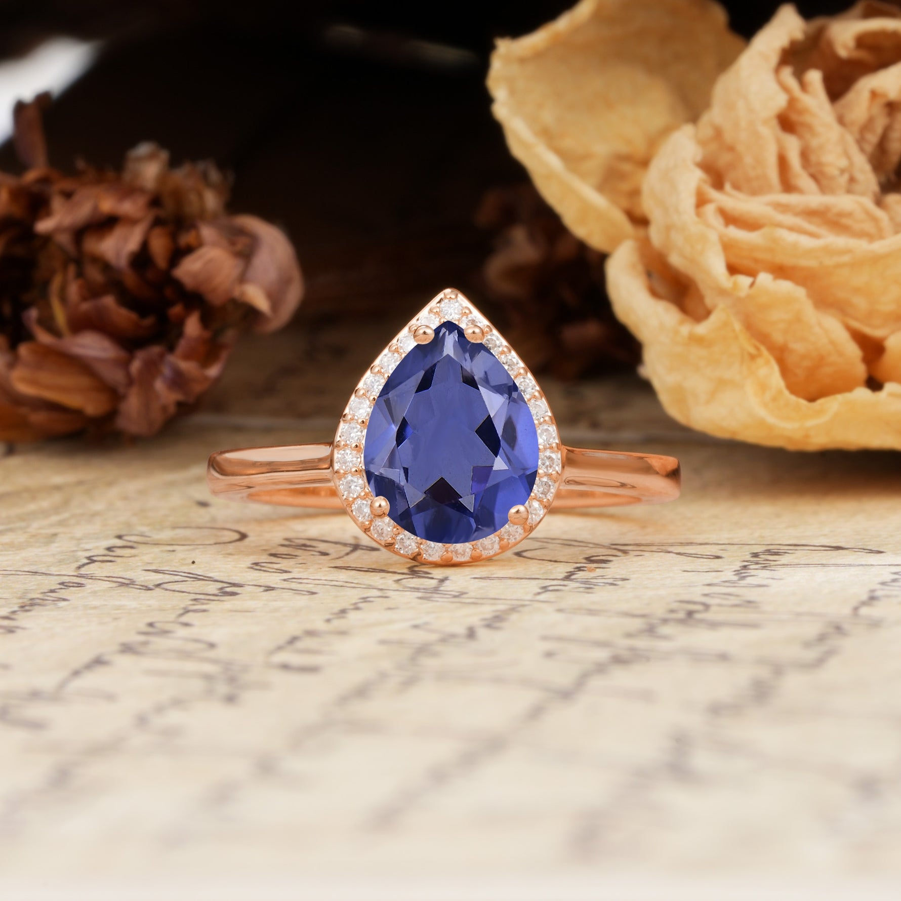 Luxurious Vintage-Style Pavé-Set, 4-Prong Pear Cut Tanzanite Engagement Ring - Additional view