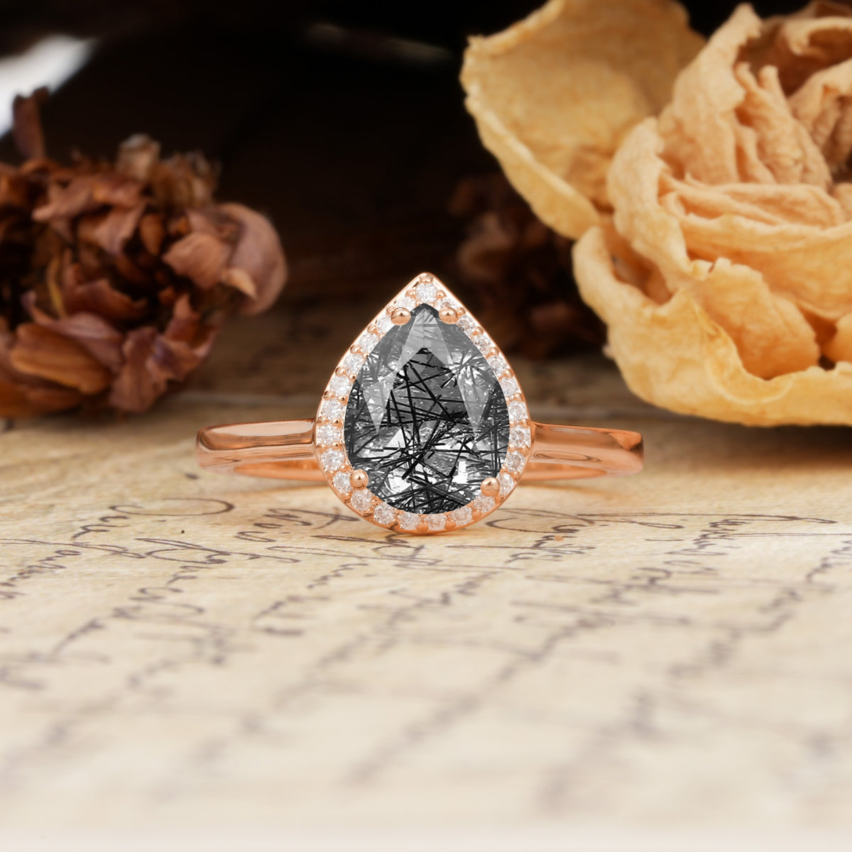 Luxurious Vintage-Style Pavé-Set, 4-Prong Pear Cut Black Rutilated Quartz Engagement Ring - Additional view