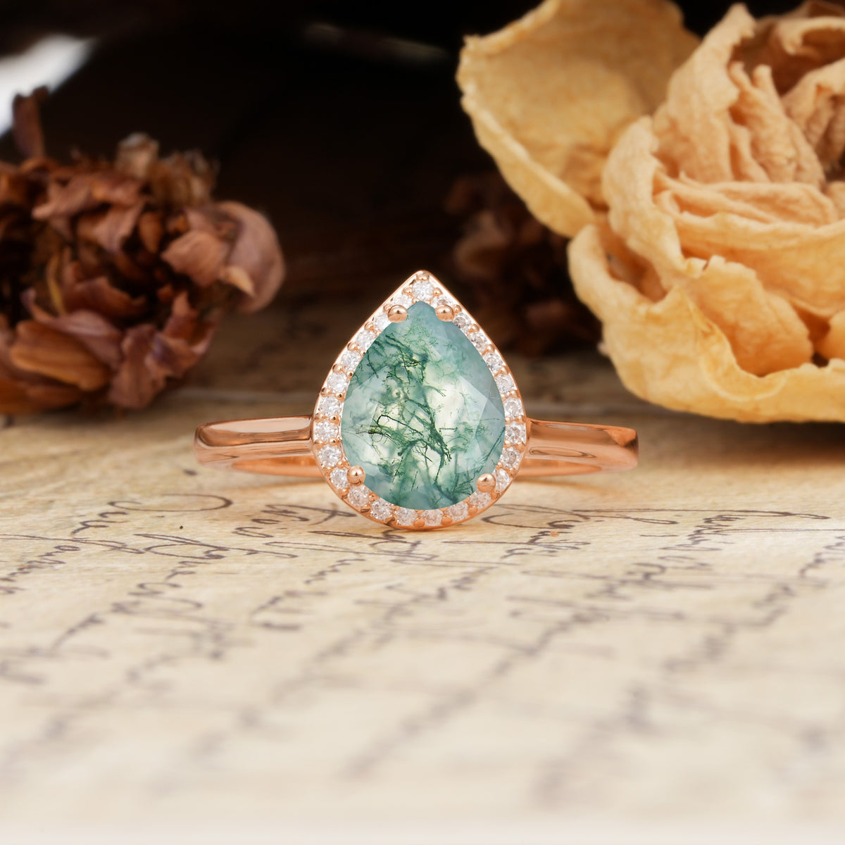 Luxurious Vintage-Style Pavé-Set, 4-Prong Pear Cut Moss Agate Engagement Ring - Additional view