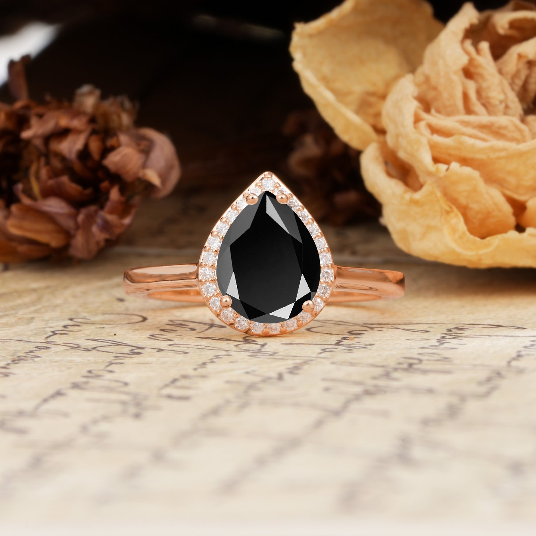 Luxurious Vintage-Style Pavé-Set, 4-Prong Pear Cut Black Onyx Engagement Ring - Additional view