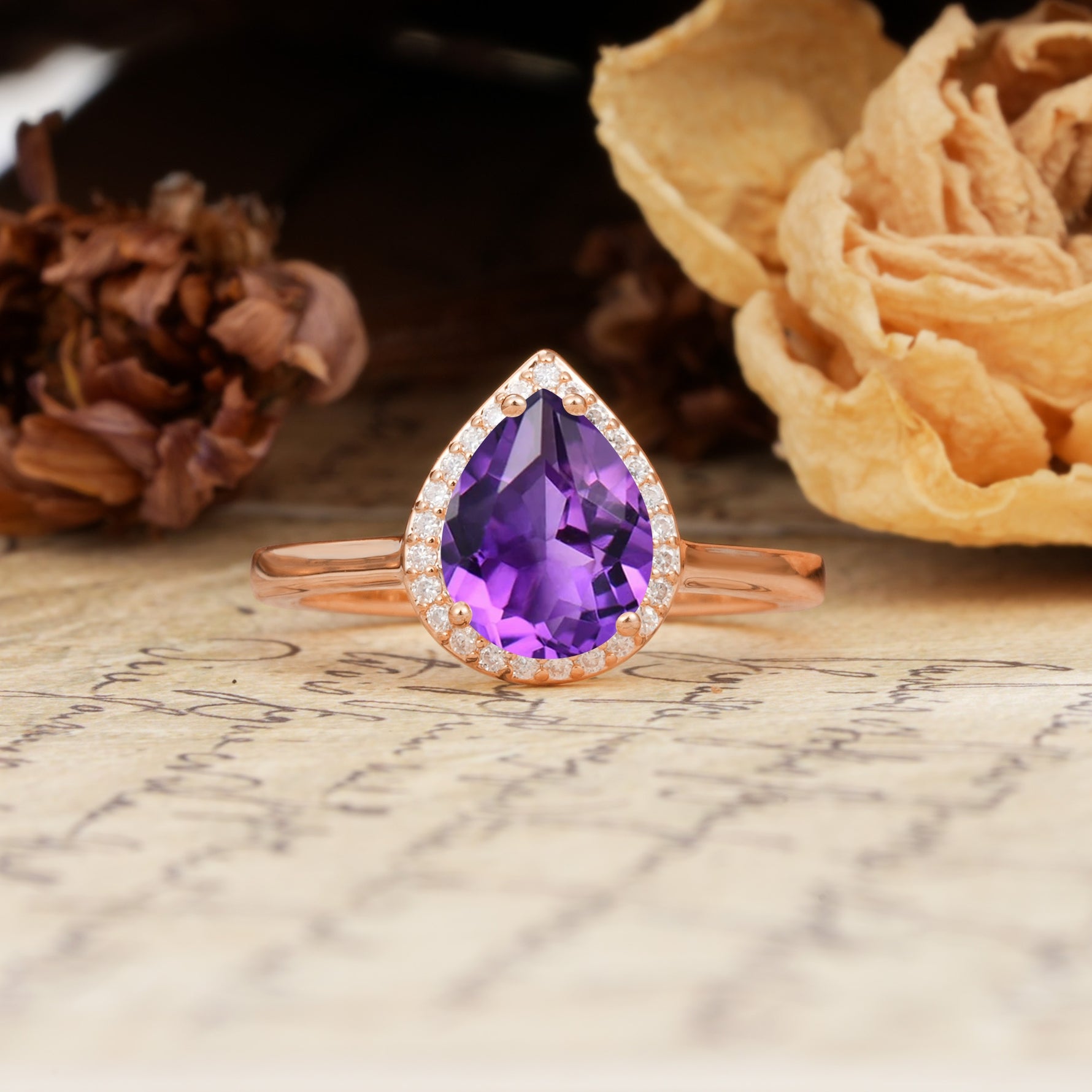 Luxurious Vintage-Style Pavé-Set, 4-Prong Pear Cut Amethyst Engagement Ring - Additional view