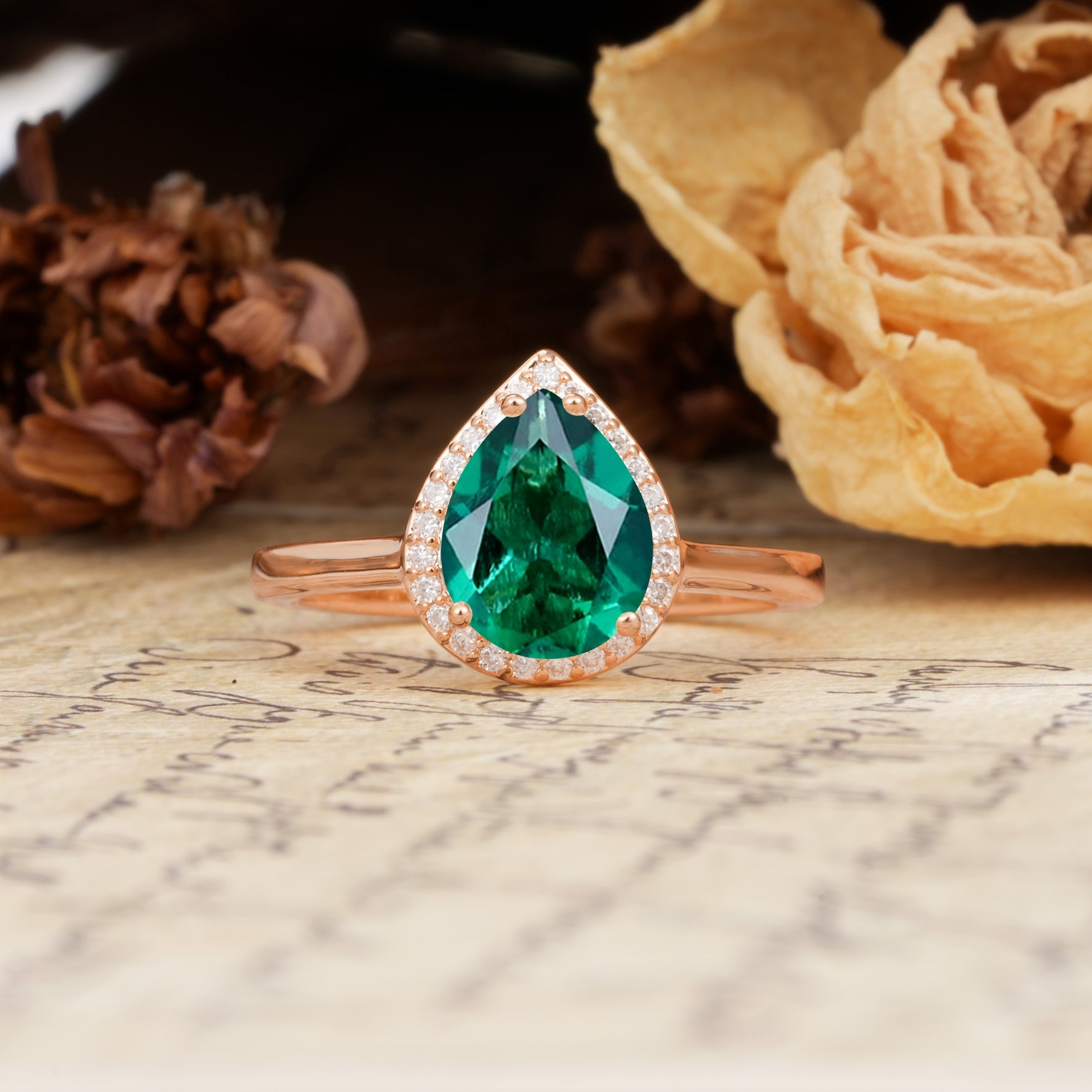 Luxurious Vintage-Style Pavé-Set, 4-Prong Pear Cut Emerald Engagement Ring - Additional view