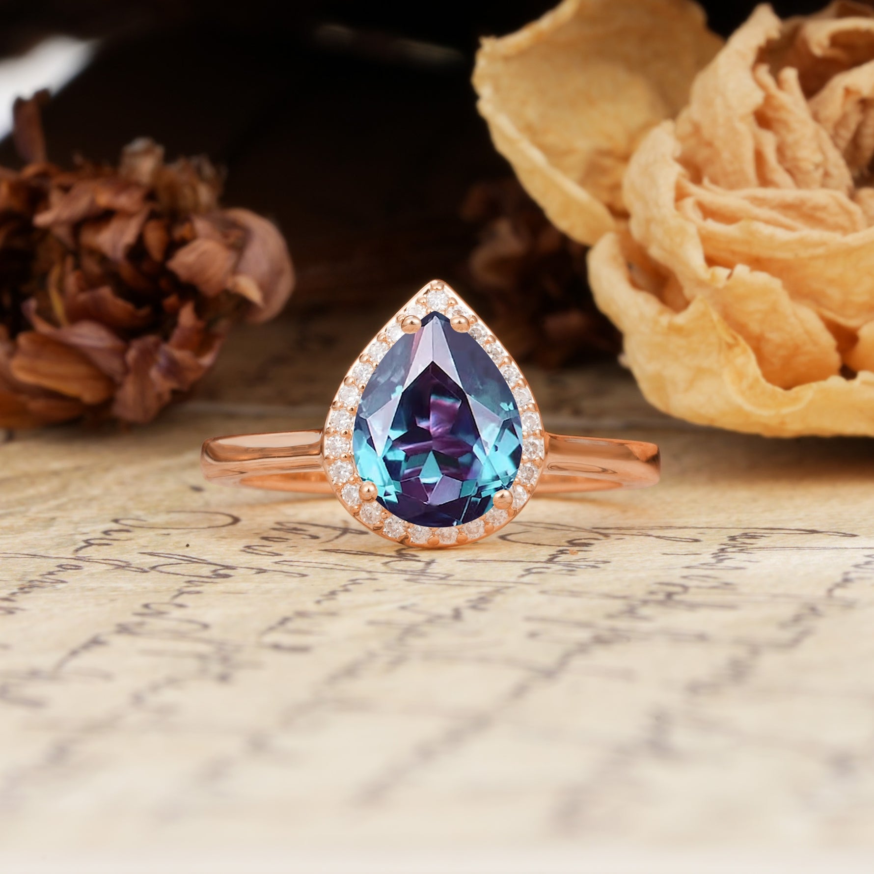 Luxurious Vintage-Style Pavé-Set, 4-Prong Pear Cut Alexandrite Engagement Ring - Additional view