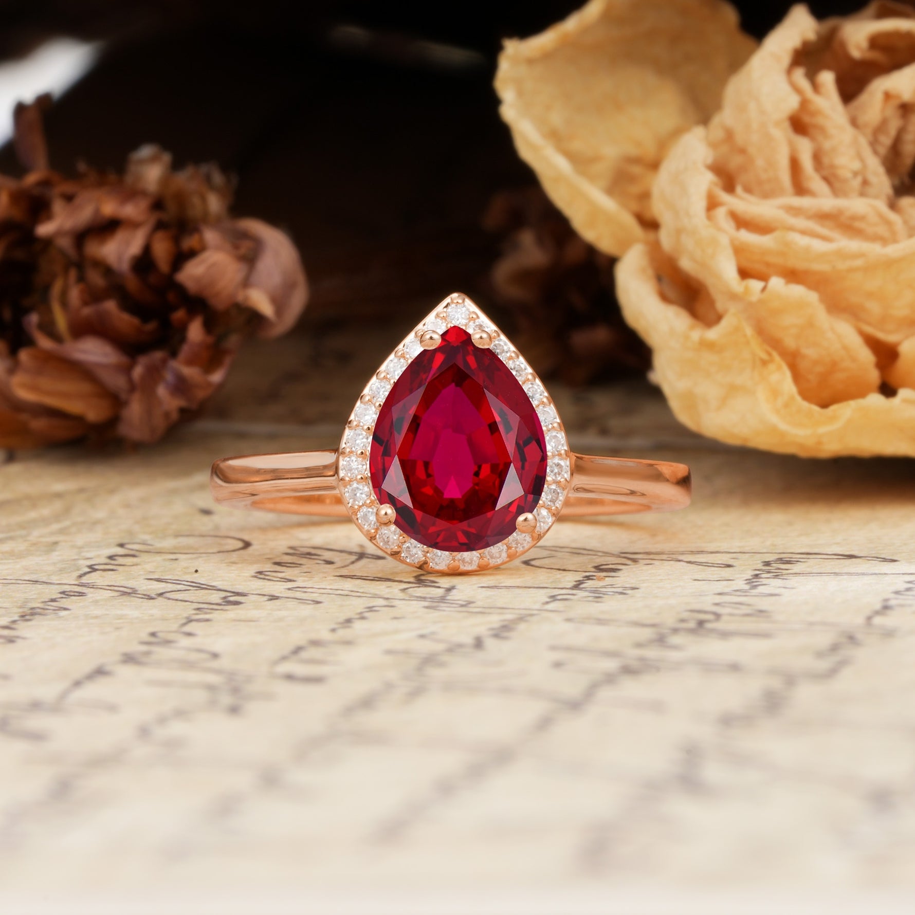 Luxurious Vintage-Style Pavé-Set, 4-Prong Pear Cut Ruby Engagement Ring - Additional view