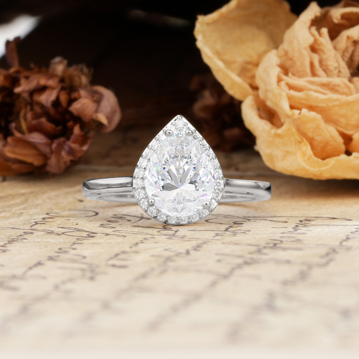 Luxurious Vintage-Style Pavé-Set, 4-Prong Pear Cut Moissanite Engagement Ring - Additional view