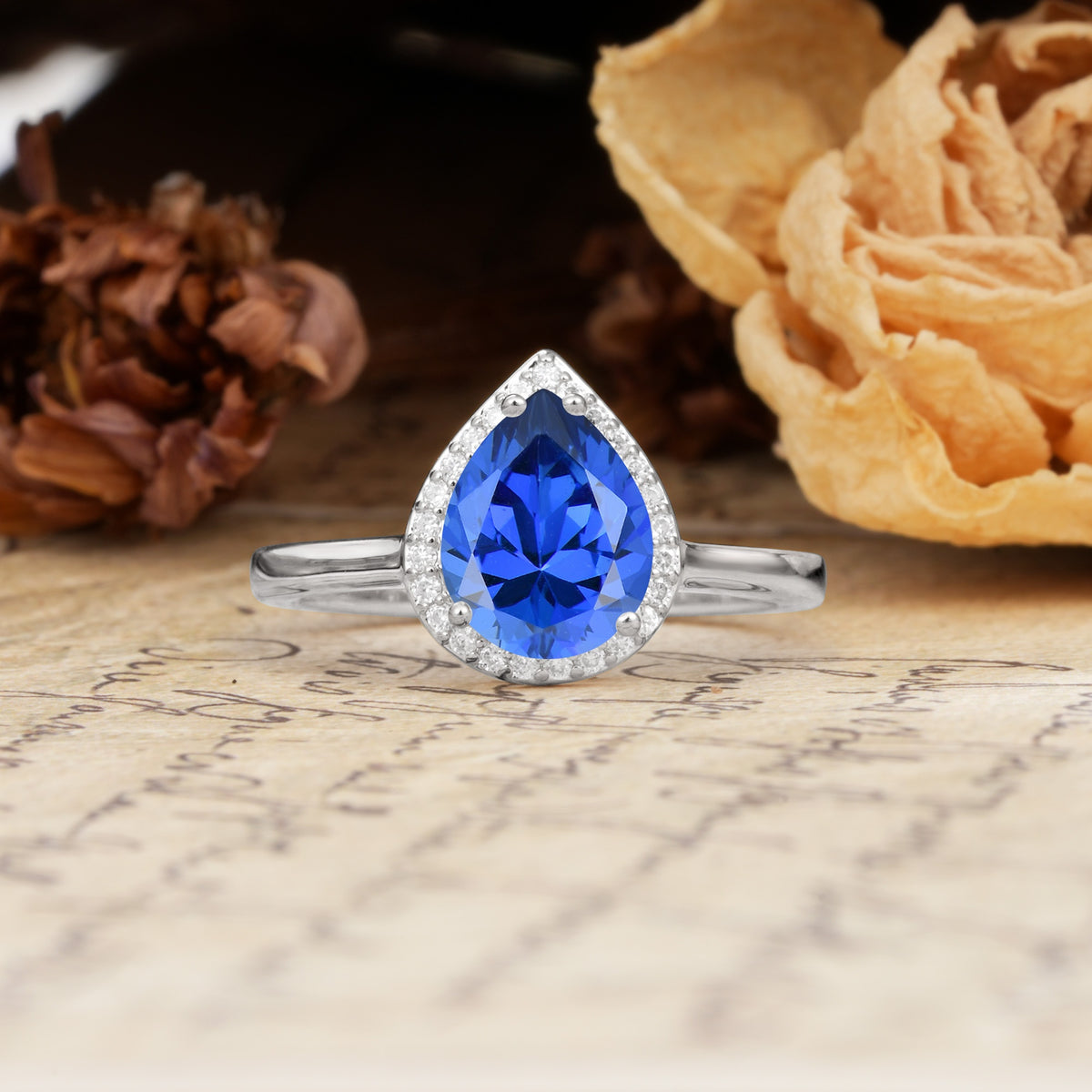 Luxurious Vintage-Style Pavé-Set, 4-Prong Pear Cut Sapphire Engagement Ring - Additional view
