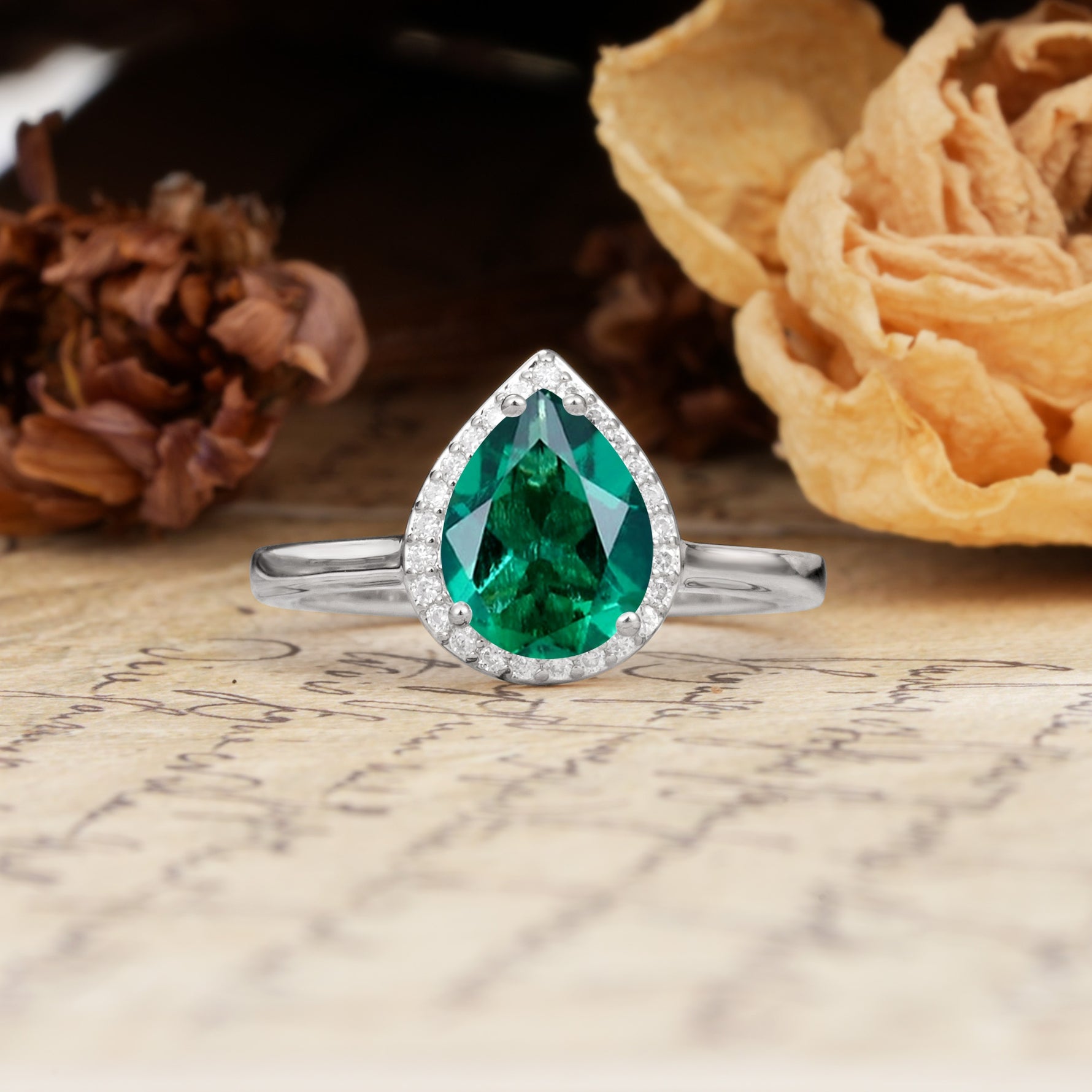 Luxurious Vintage-Style Pavé-Set, 4-Prong Pear Cut Emerald Engagement Ring - Additional view