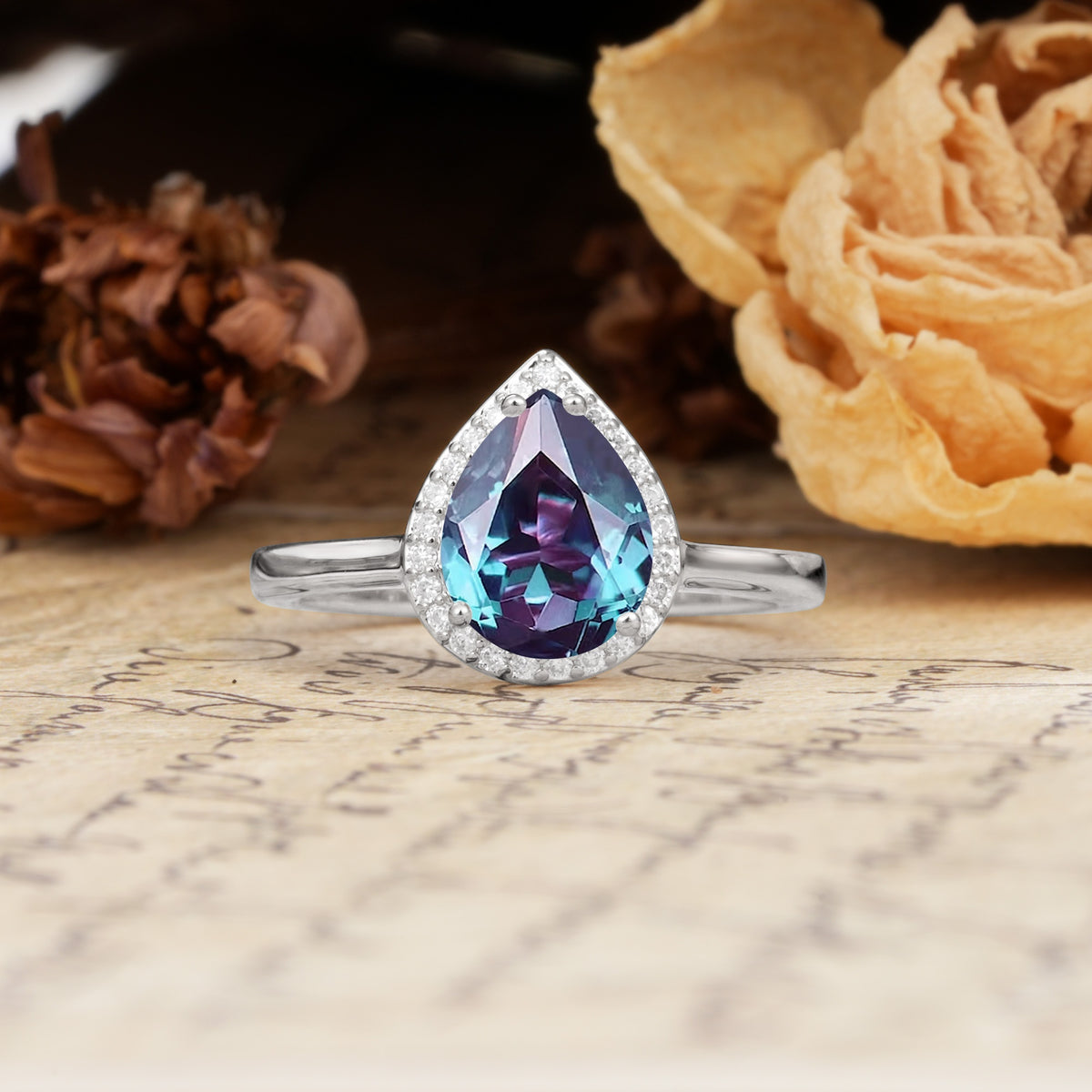 Luxurious Vintage-Style Pavé-Set, 4-Prong Pear Cut Alexandrite Engagement Ring - Additional view