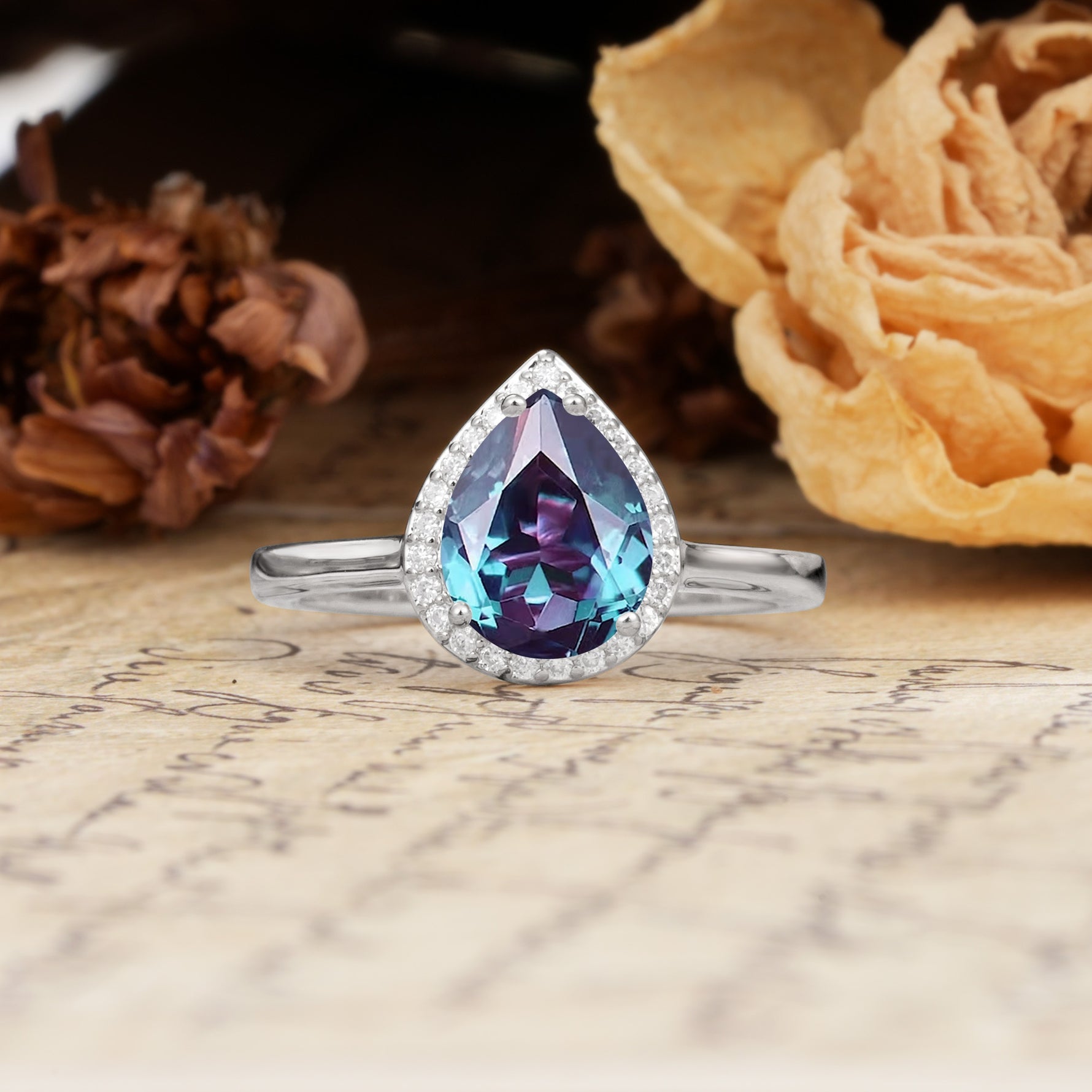 Luxurious Vintage-Style Pavé-Set, 4-Prong Pear Cut Alexandrite Engagement Ring - Additional view