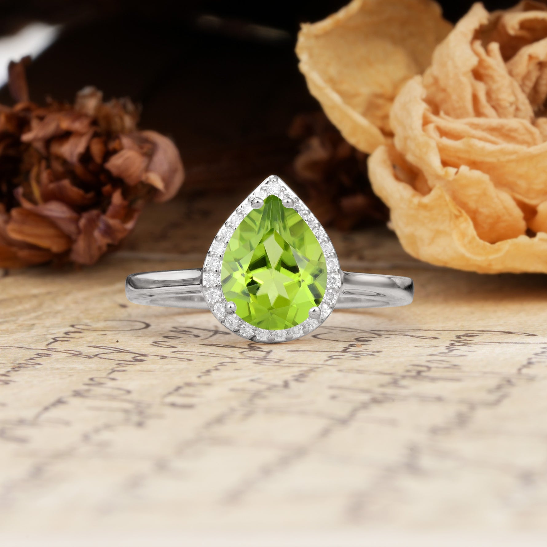 Luxurious Vintage-Style Pavé-Set, 4-Prong Pear Cut Peridot Engagement Ring - Additional view