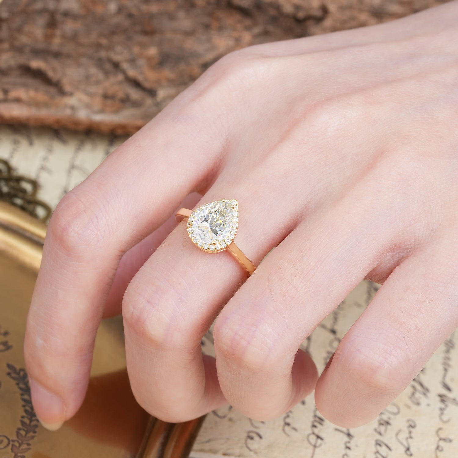 Luxurious Vintage-Style Pavé-Set, 4-Prong Pear Cut Moissanite Engagement Ring - Additional view