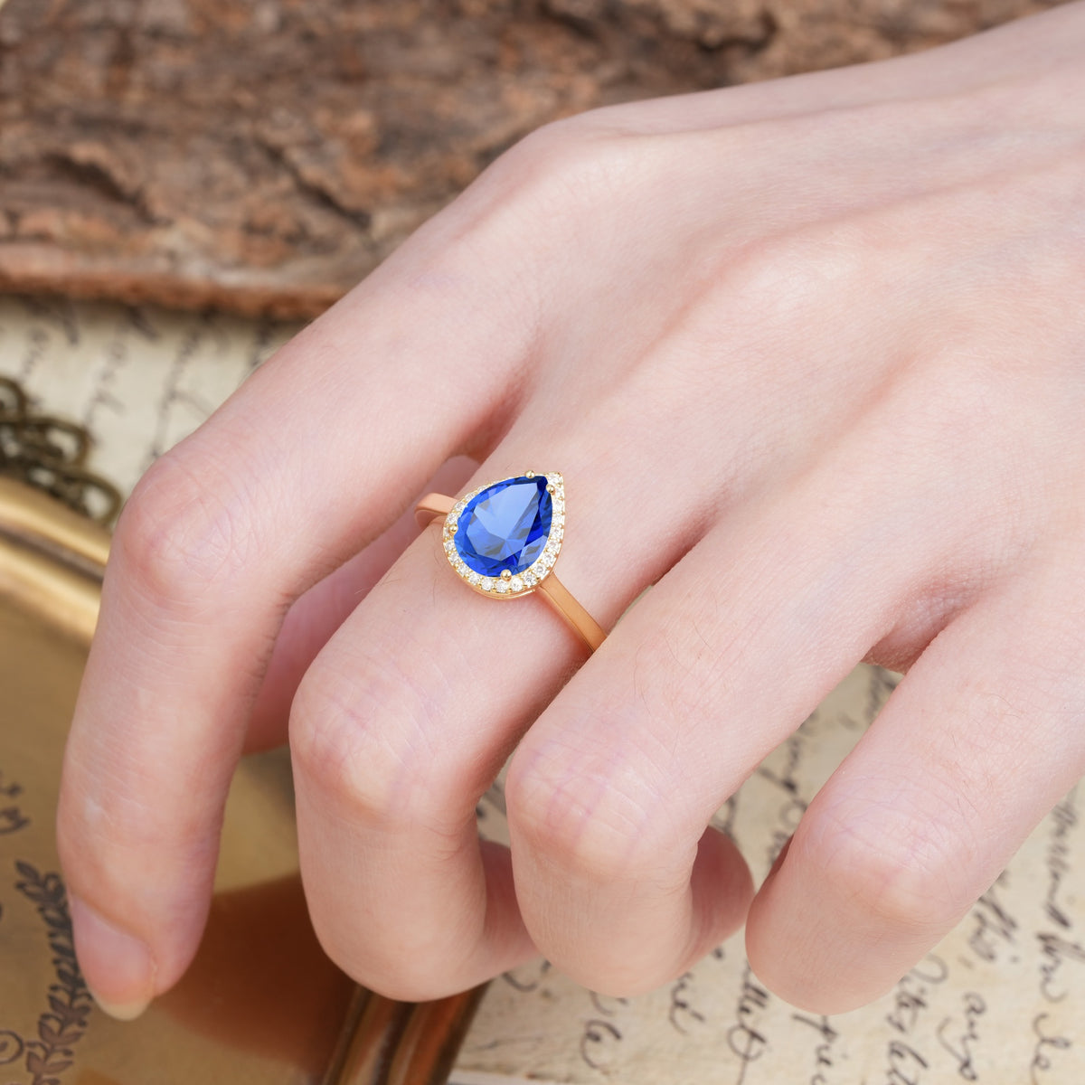 Luxurious Vintage-Style Pavé-Set, 4-Prong Pear Cut Sapphire Engagement Ring - Additional view