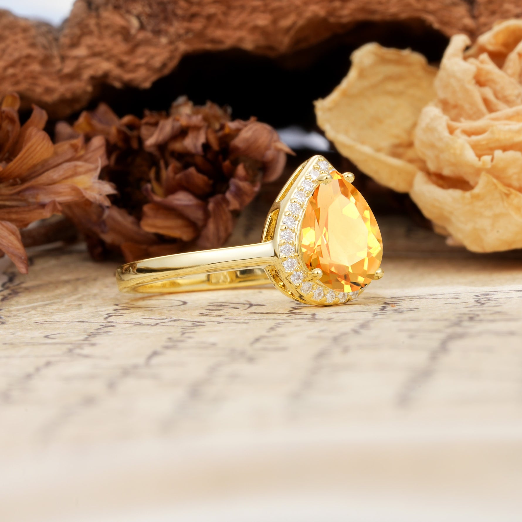 Luxurious Vintage-Style Pavé-Set, 4-Prong Pear Cut Citrine Engagement Ring - Additional view