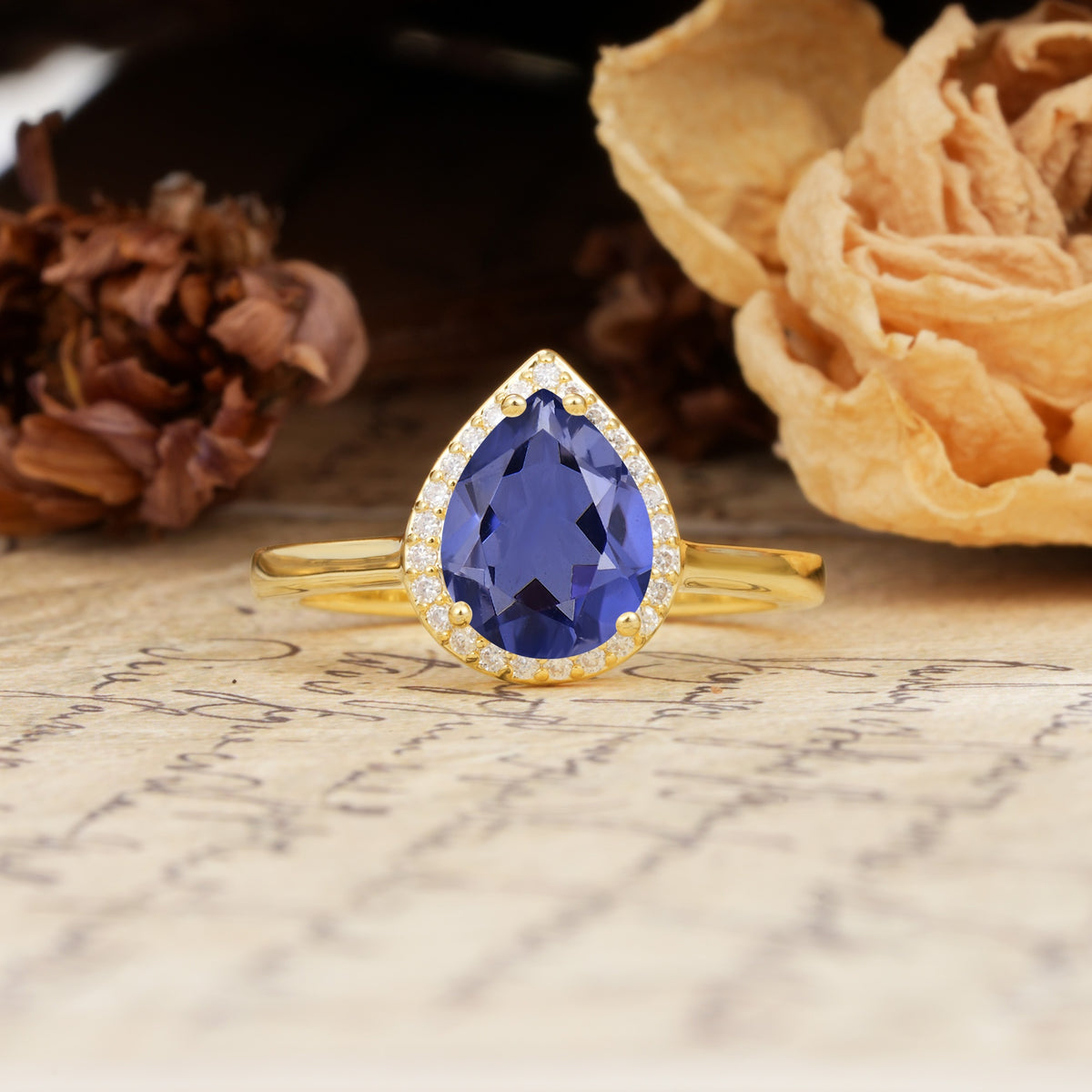 Luxurious Vintage-Style Pavé-Set, 4-Prong Pear Cut Tanzanite Engagement Ring - Additional view