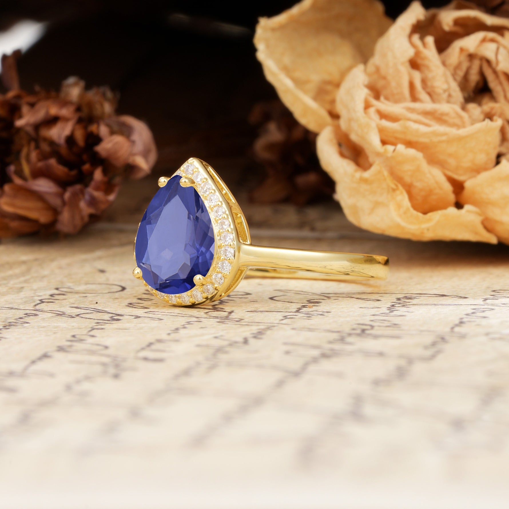 Luxurious Vintage-Style Pavé-Set, 4-Prong Pear Cut Tanzanite Engagement Ring - Additional view