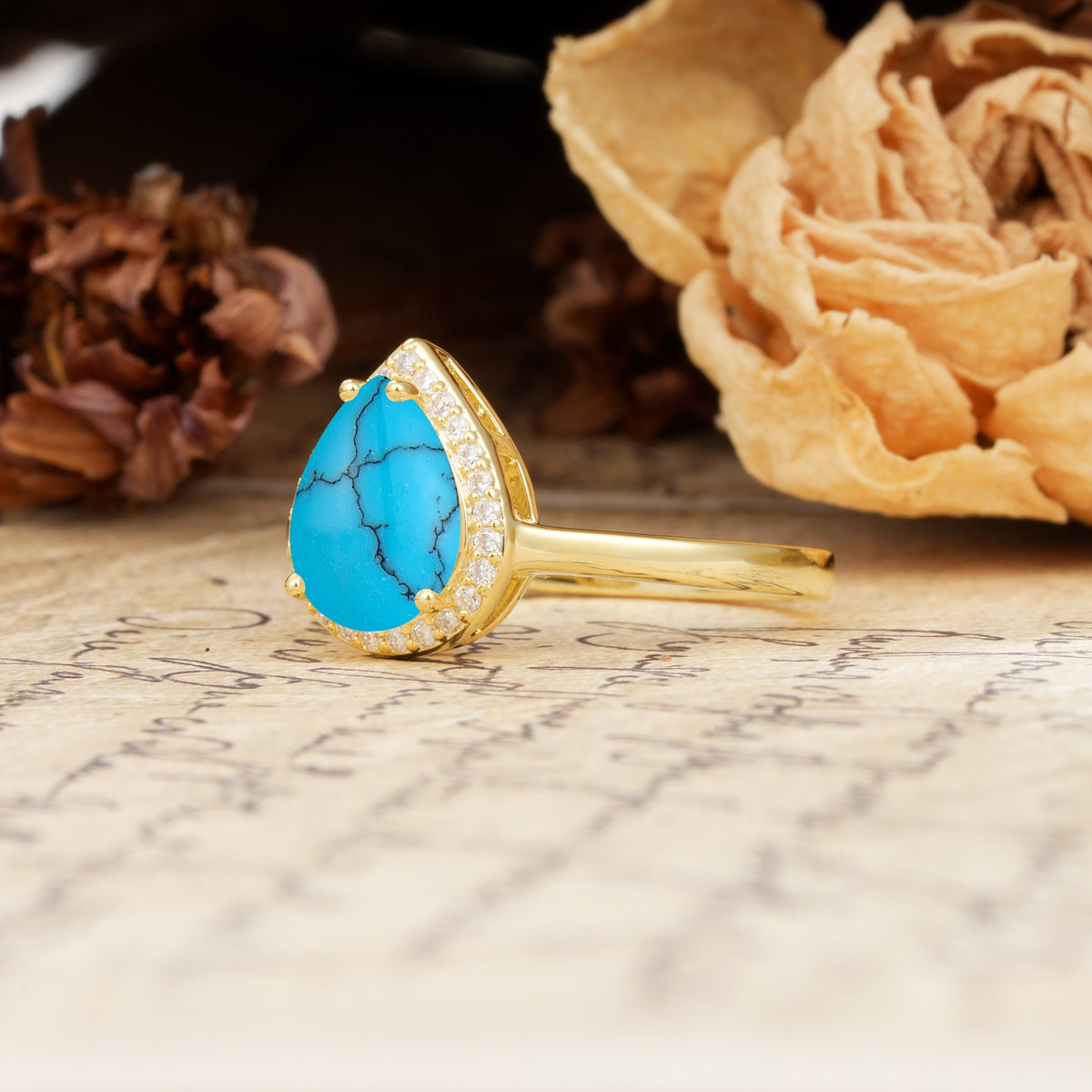 Luxurious Vintage-Style Pavé-Set, 4-Prong Pear Cut Turquoise Engagement Ring - Additional view