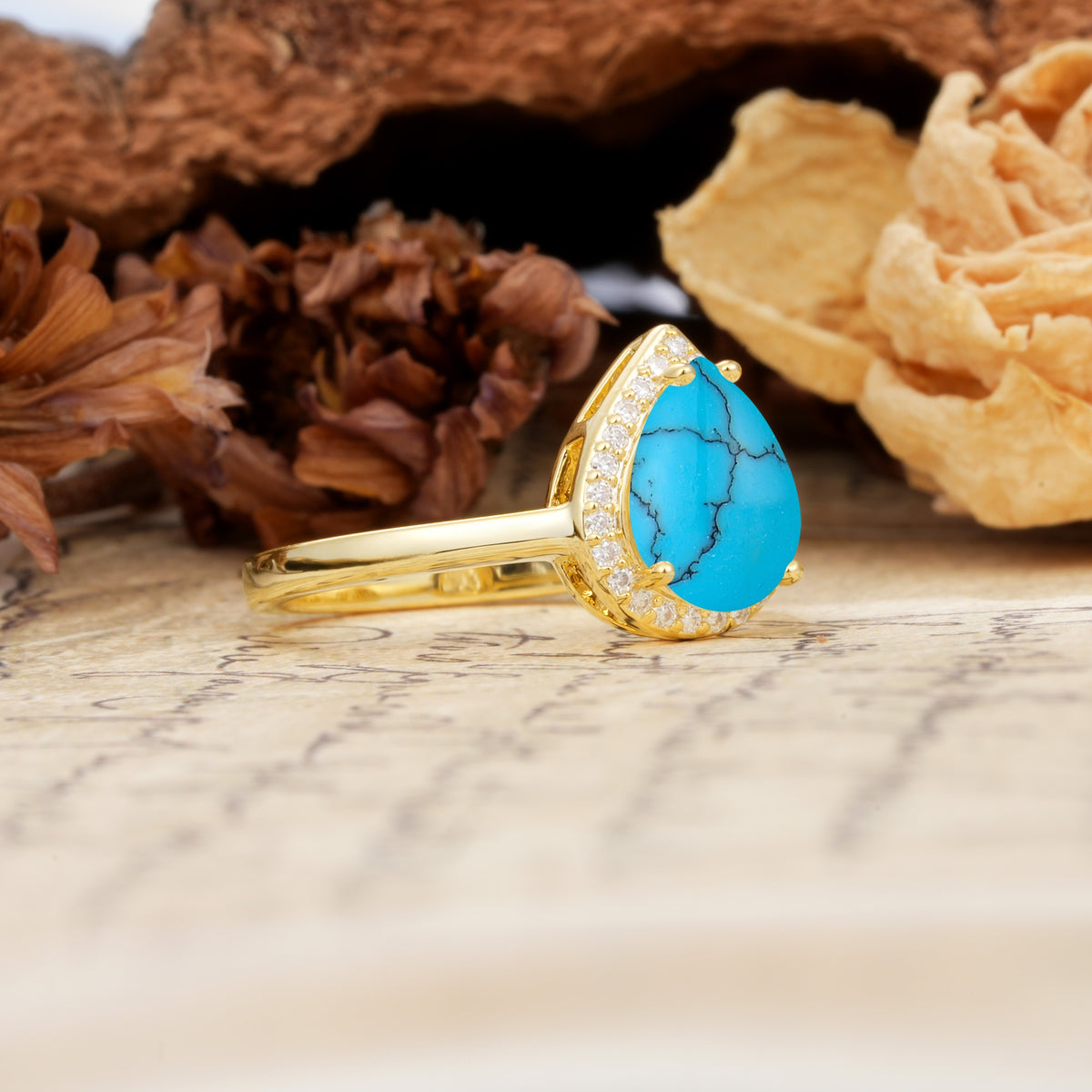 Luxurious Vintage-Style Pavé-Set, 4-Prong Pear Cut Turquoise Engagement Ring - Additional view