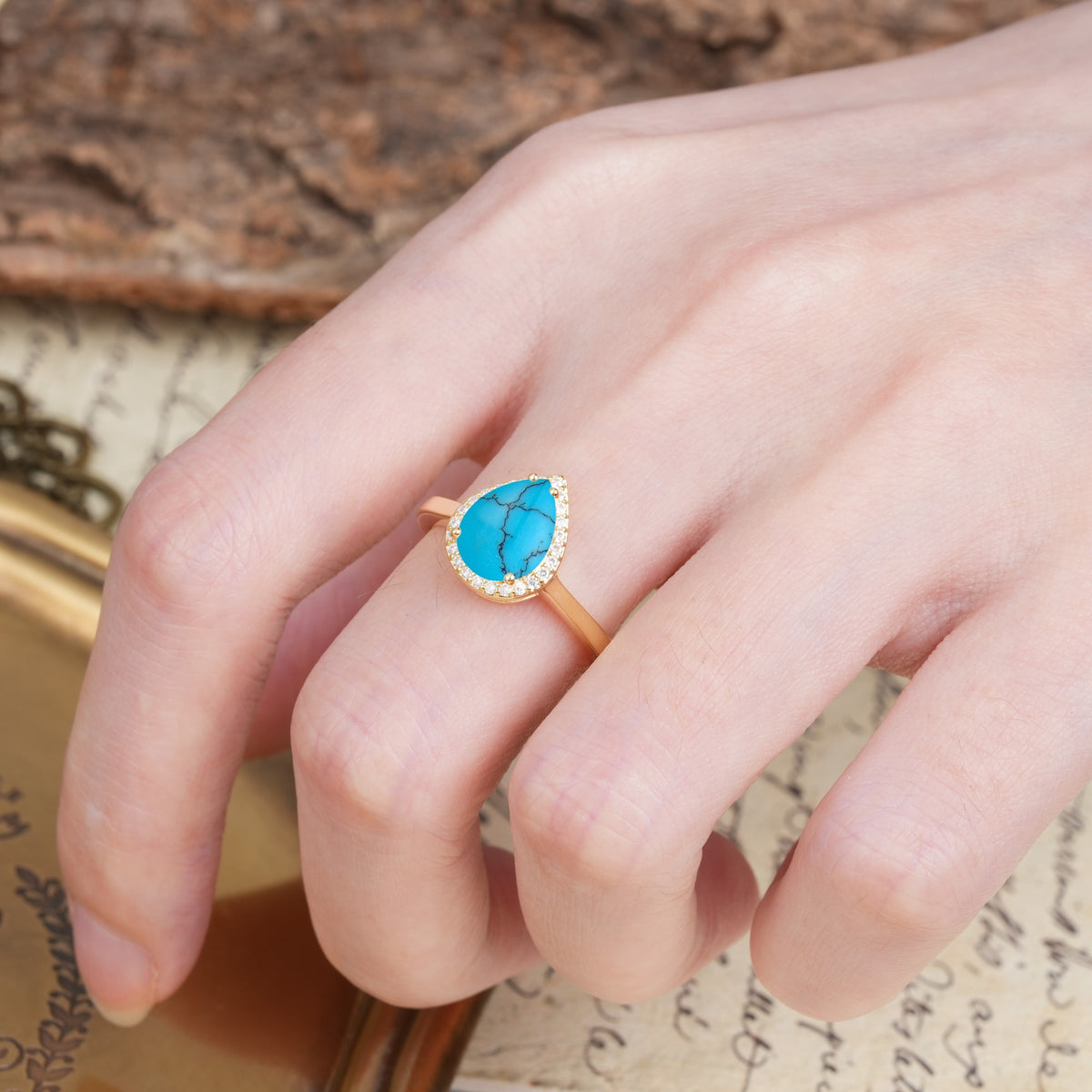 Luxurious Vintage-Style Pavé-Set, 4-Prong Pear Cut Turquoise Engagement Ring - Additional view