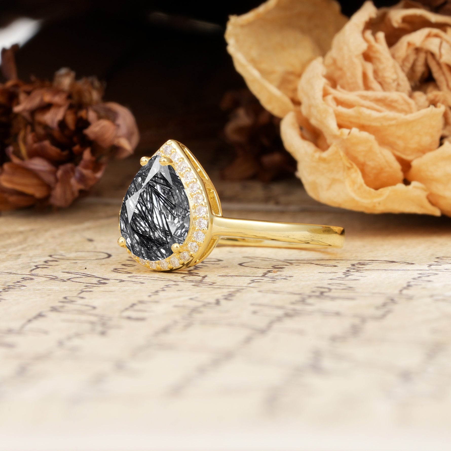 Luxurious Vintage-Style Pavé-Set, 4-Prong Pear Cut Black Rutilated Quartz Engagement Ring - Additional view