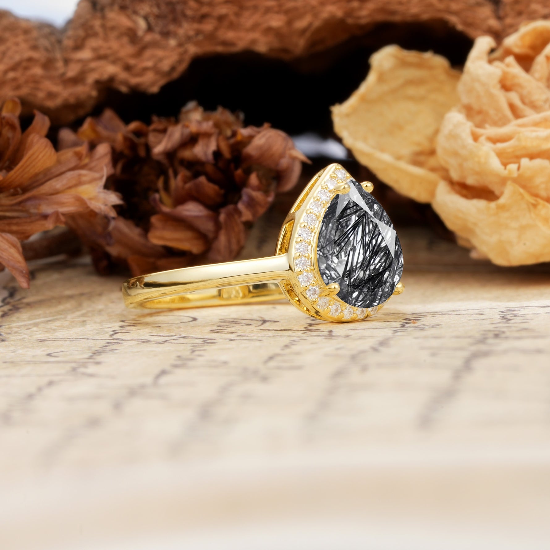 Luxurious Vintage-Style Pavé-Set, 4-Prong Pear Cut Black Rutilated Quartz Engagement Ring - Additional view
