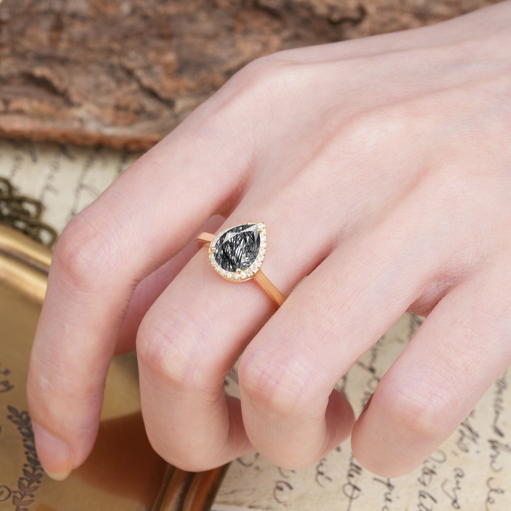 Luxurious Vintage-Style Pavé-Set, 4-Prong Pear Cut Black Rutilated Quartz Engagement Ring - Additional view