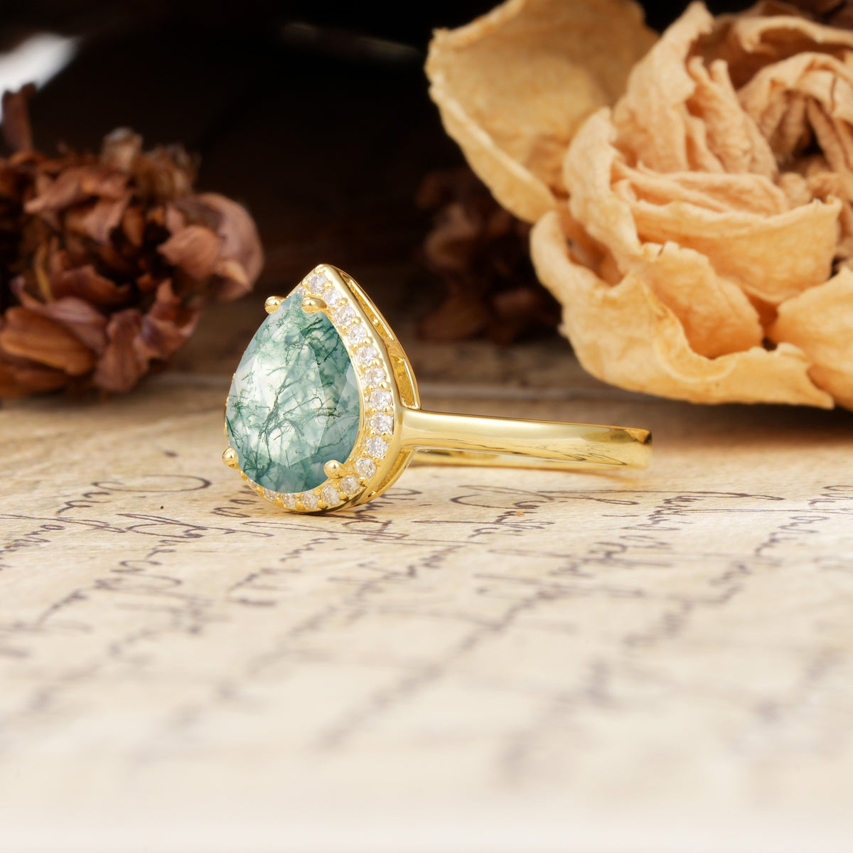 Luxurious Vintage-Style Pavé-Set, 4-Prong Pear Cut Moss Agate Engagement Ring - Additional view