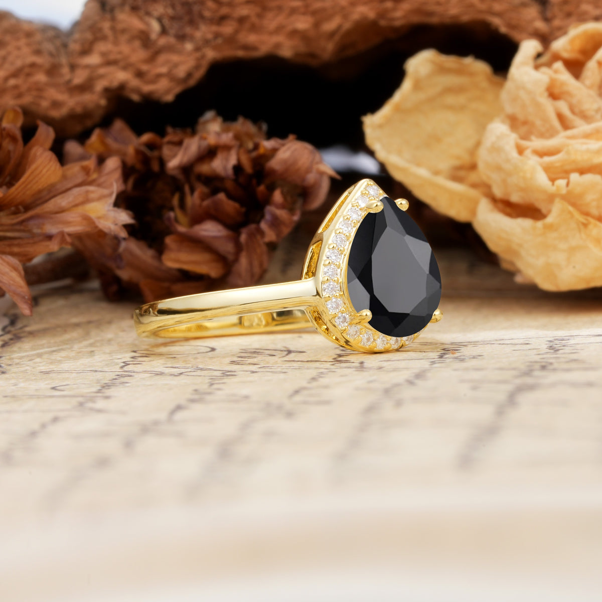 Luxurious Vintage-Style Pavé-Set, 4-Prong Pear Cut Black Onyx Engagement Ring - Additional view