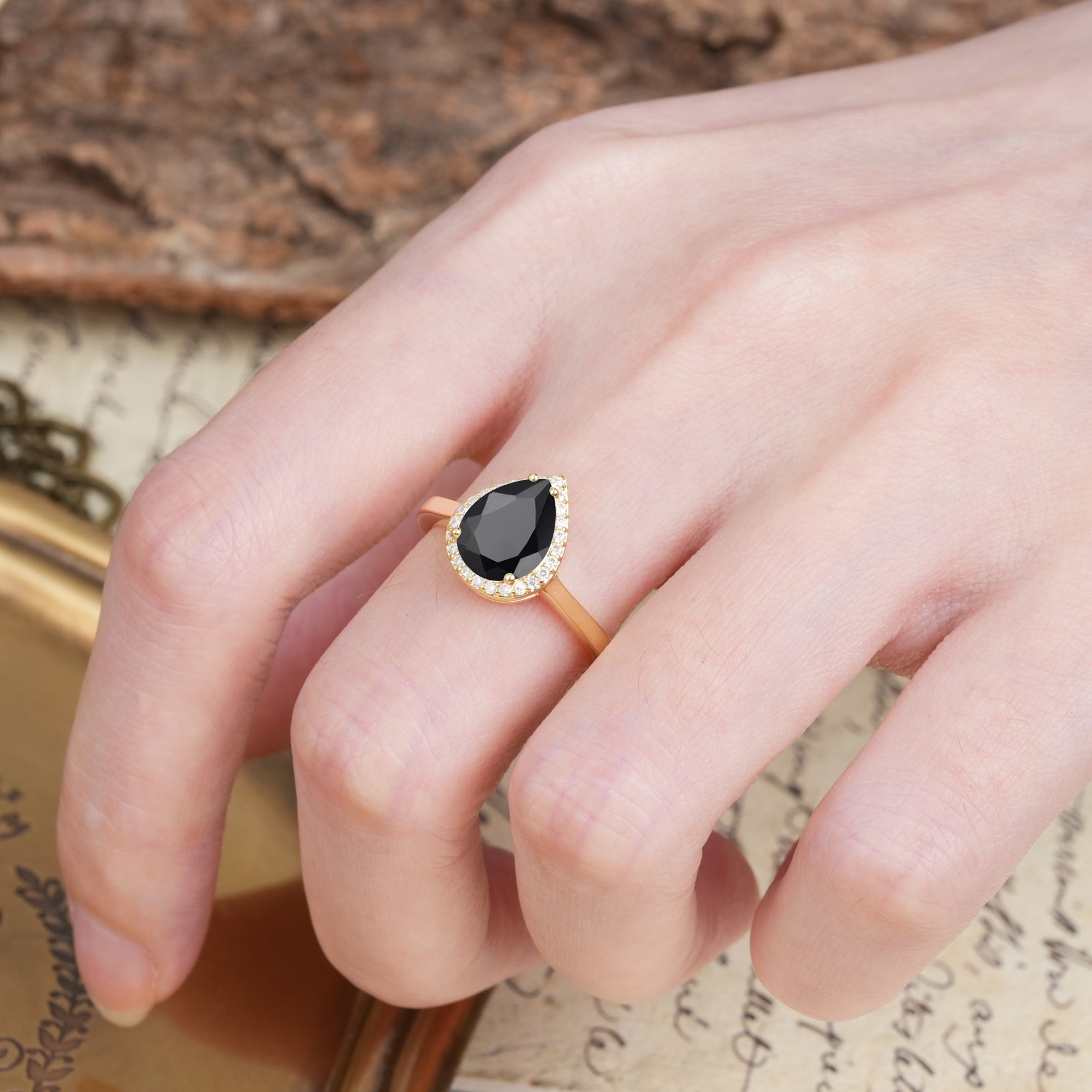 Luxurious Vintage-Style Pavé-Set, 4-Prong Pear Cut Black Onyx Engagement Ring - Additional view