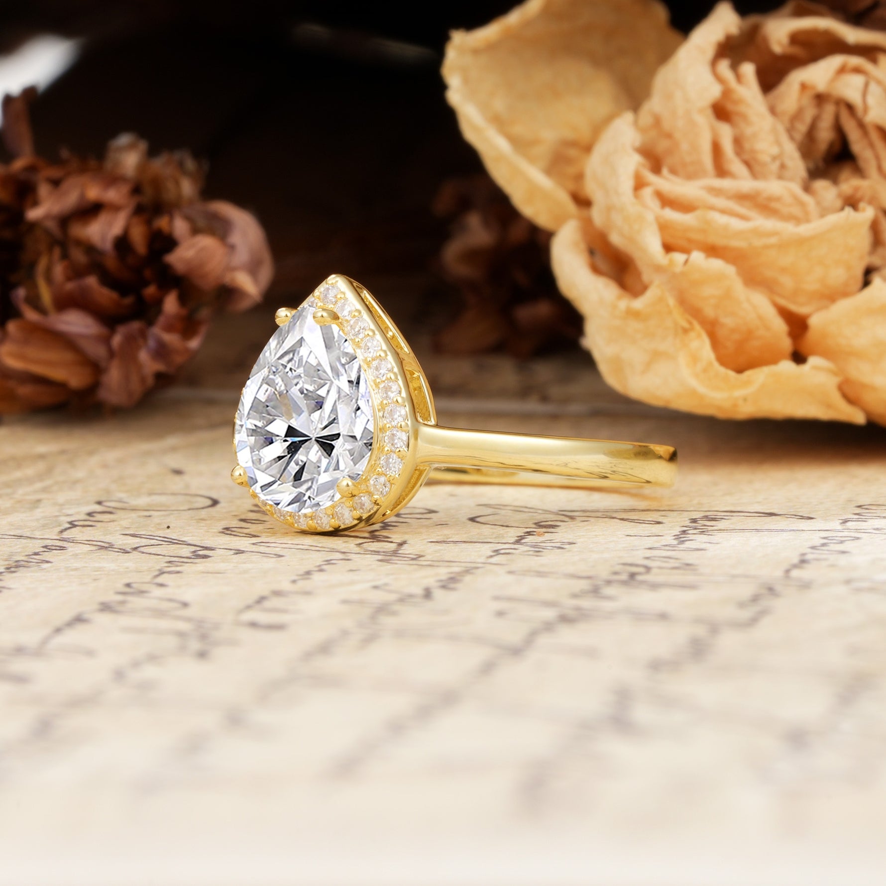 Luxurious Vintage-Style Pavé-Set, 4-Prong Pear Cut Lab Diamond Engagement Ring - Additional view