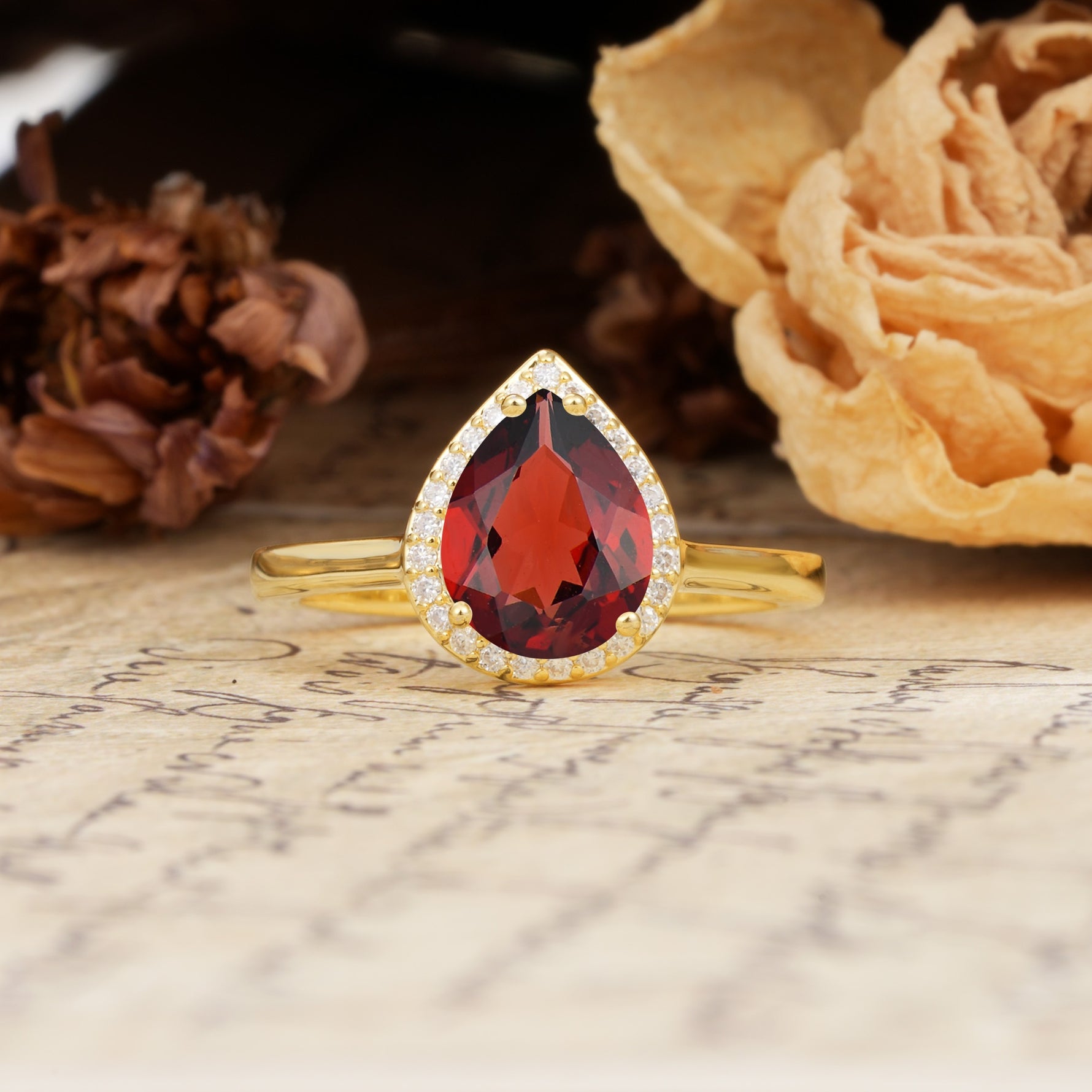 Luxurious Vintage-Style Pavé-Set, 4-Prong Pear Cut Garnet Engagement Ring - Additional view