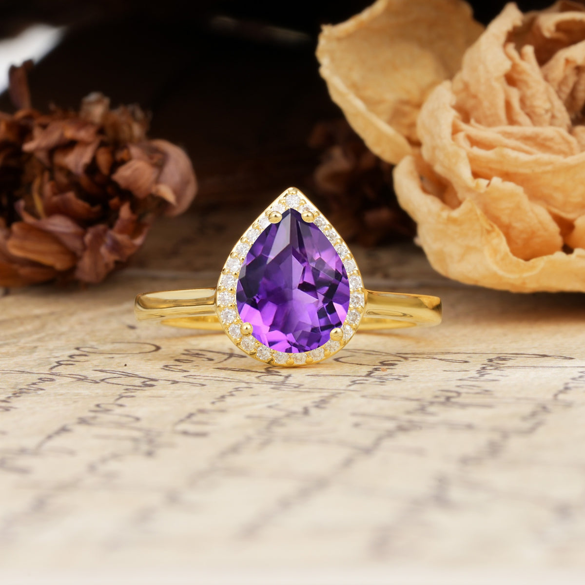 Luxurious Vintage-Style Pavé-Set, 4-Prong Pear Cut Amethyst Engagement Ring - Additional view