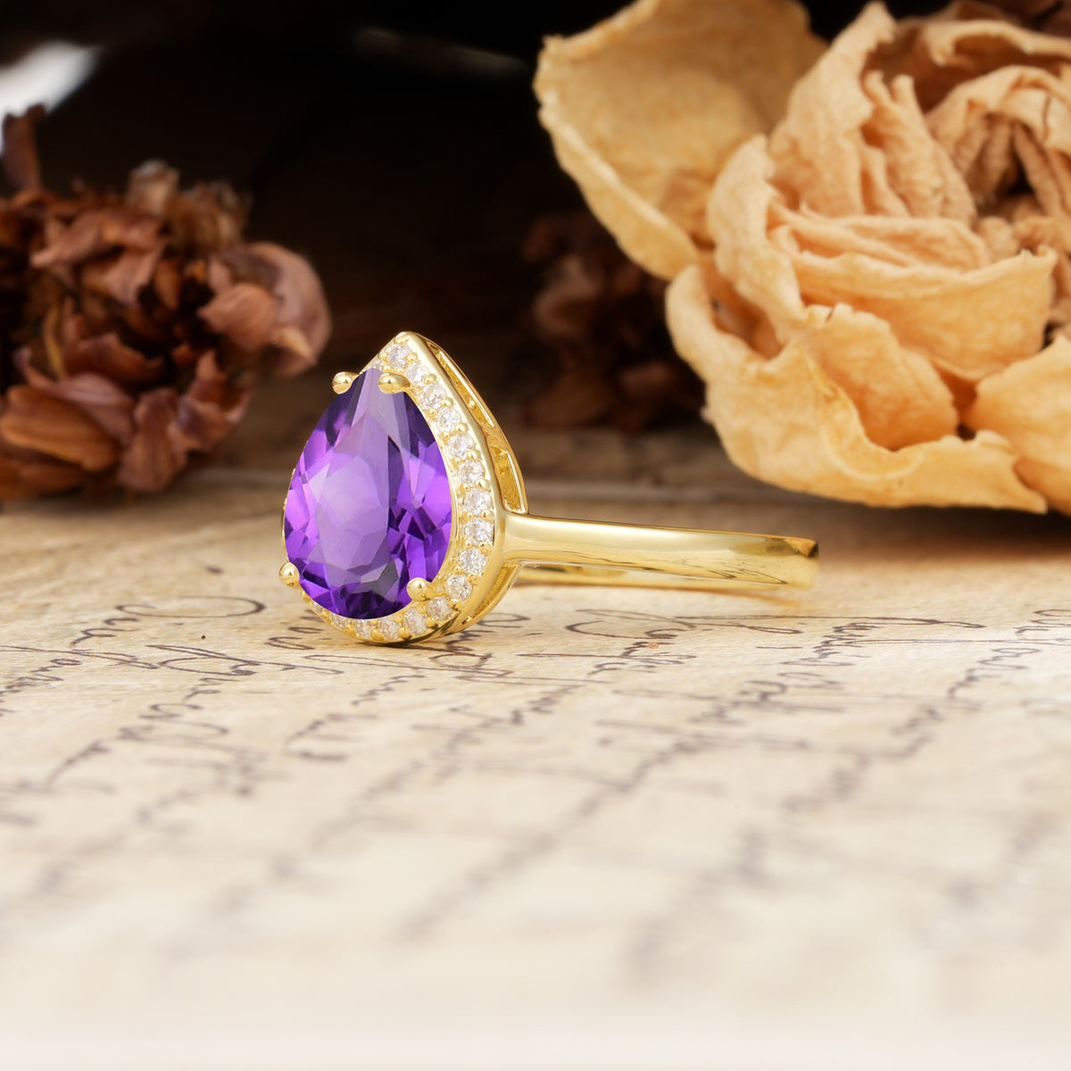 Luxurious Vintage-Style Pavé-Set, 4-Prong Pear Cut Amethyst Engagement Ring - Additional view