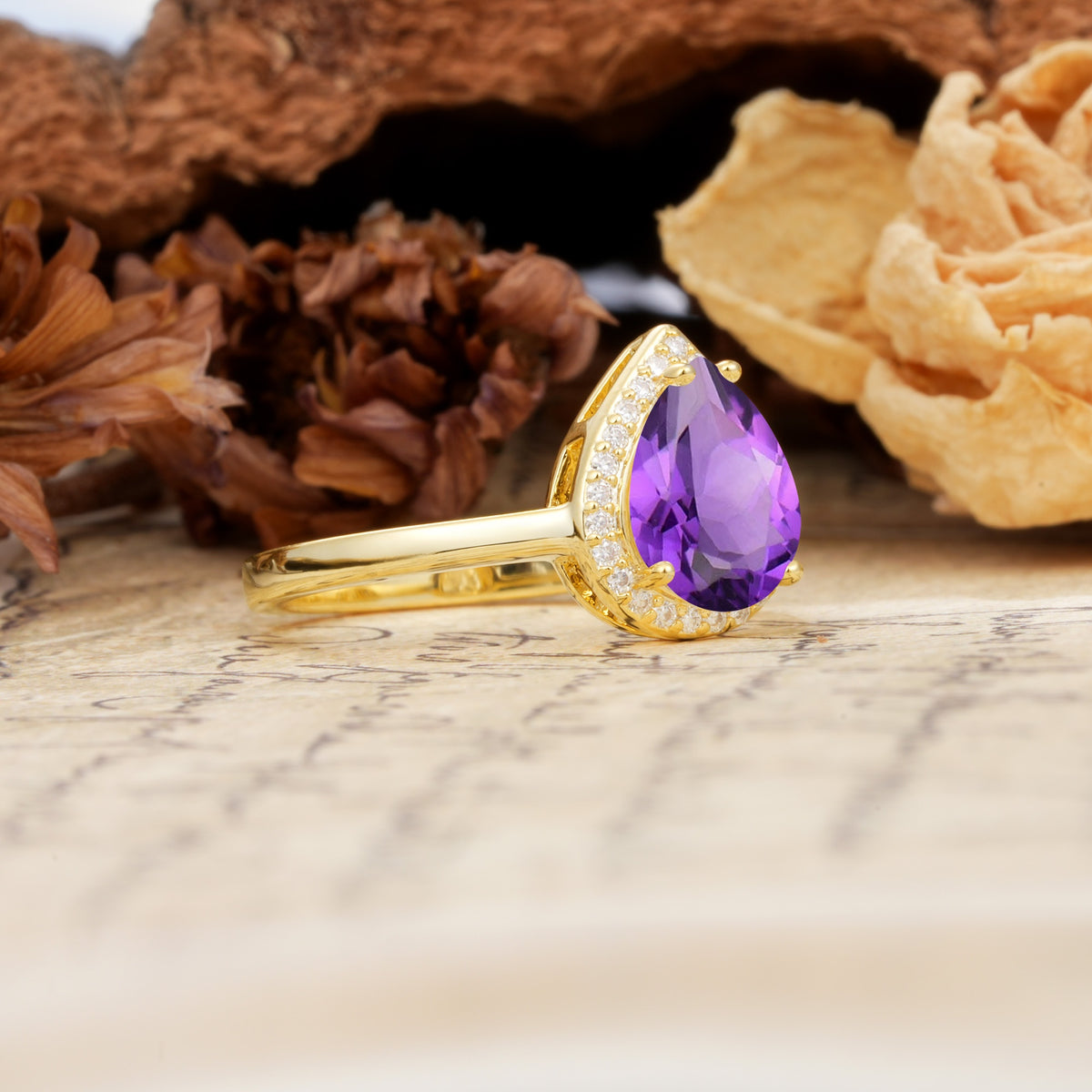 Luxurious Vintage-Style Pavé-Set, 4-Prong Pear Cut Amethyst Engagement Ring - Additional view
