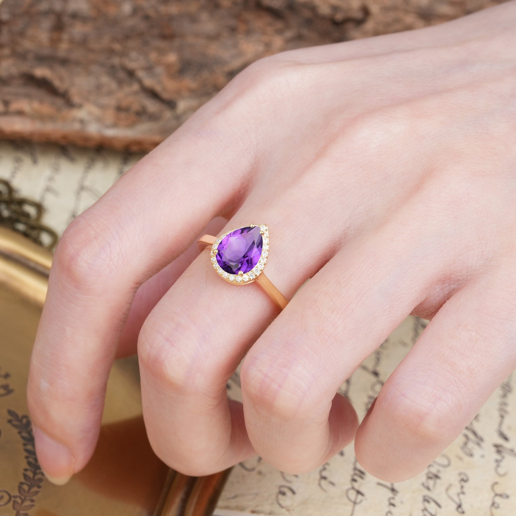 Luxurious Vintage-Style Pavé-Set, 4-Prong Pear Cut Amethyst Engagement Ring - Additional view