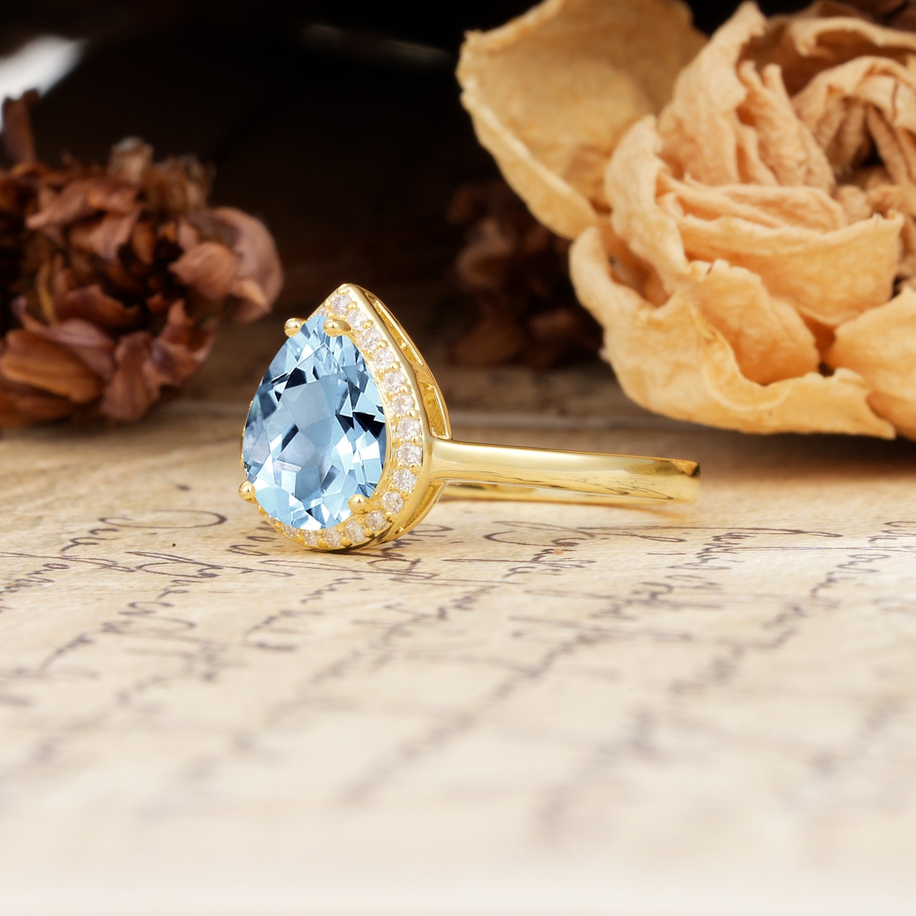 Luxurious Vintage-Style Pavé-Set, 4-Prong Pear Cut Aquamarine Engagement Ring - Additional view