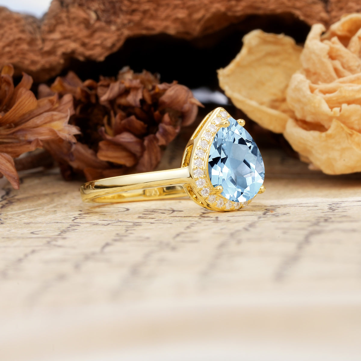 Luxurious Vintage-Style Pavé-Set, 4-Prong Pear Cut Aquamarine Engagement Ring - Additional view
