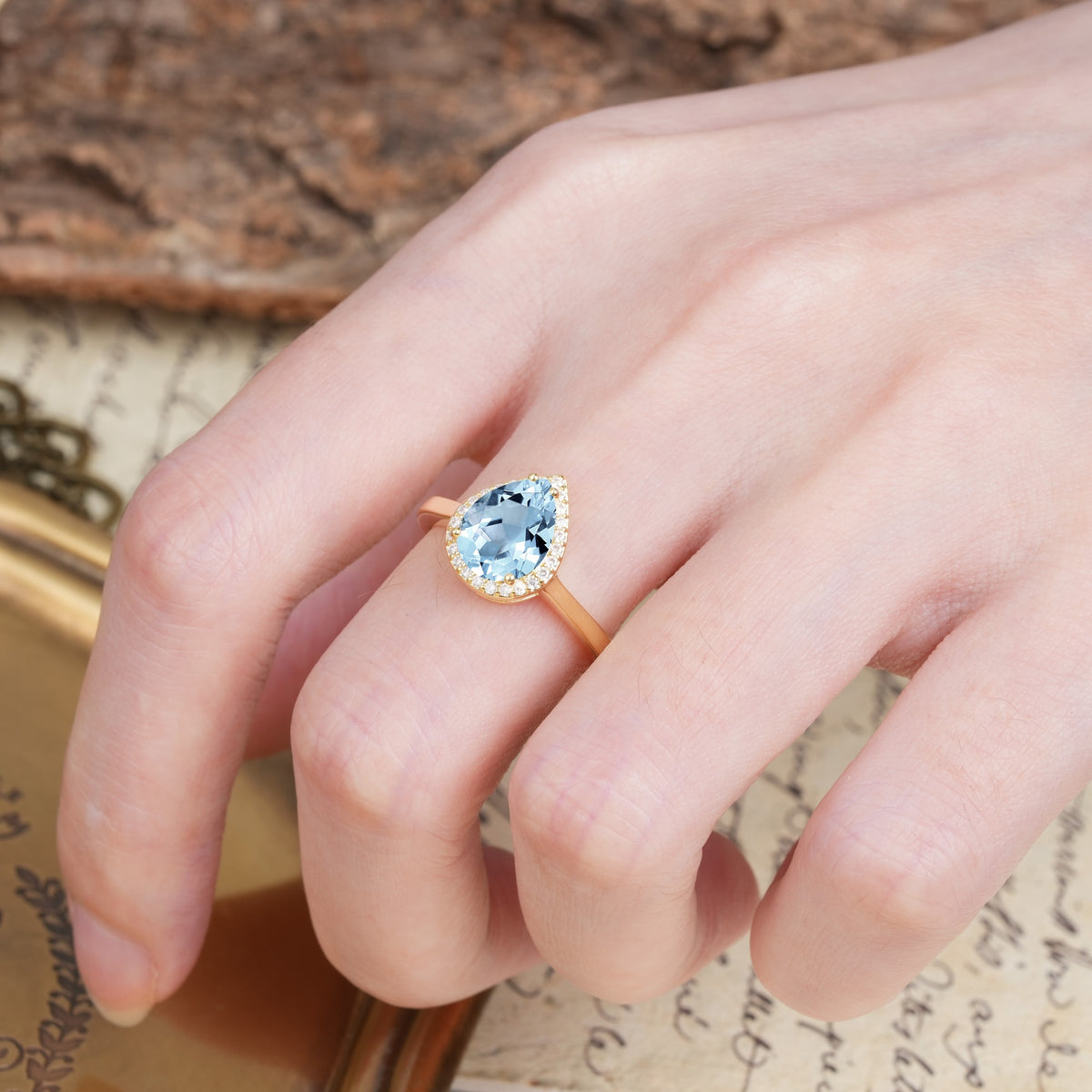 Luxurious Vintage-Style Pavé-Set, 4-Prong Pear Cut Aquamarine Engagement Ring - Additional view